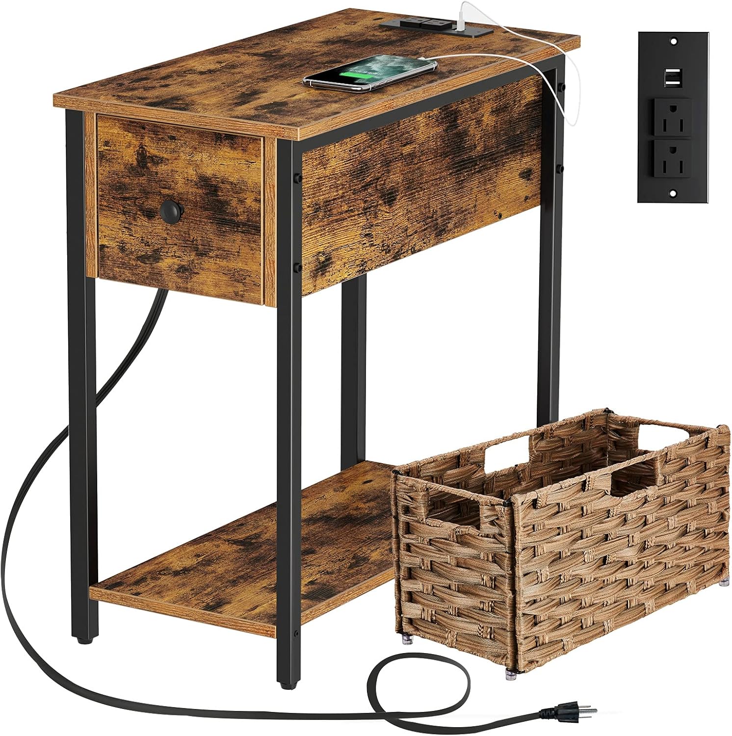Rolanstar End Table with Charging Station & USB Ports, Narrow Side Table with Drawer and Rattan Basket for Living Room, Nightstand Sofa Table for Bedroom Grey : Home & Kitchen