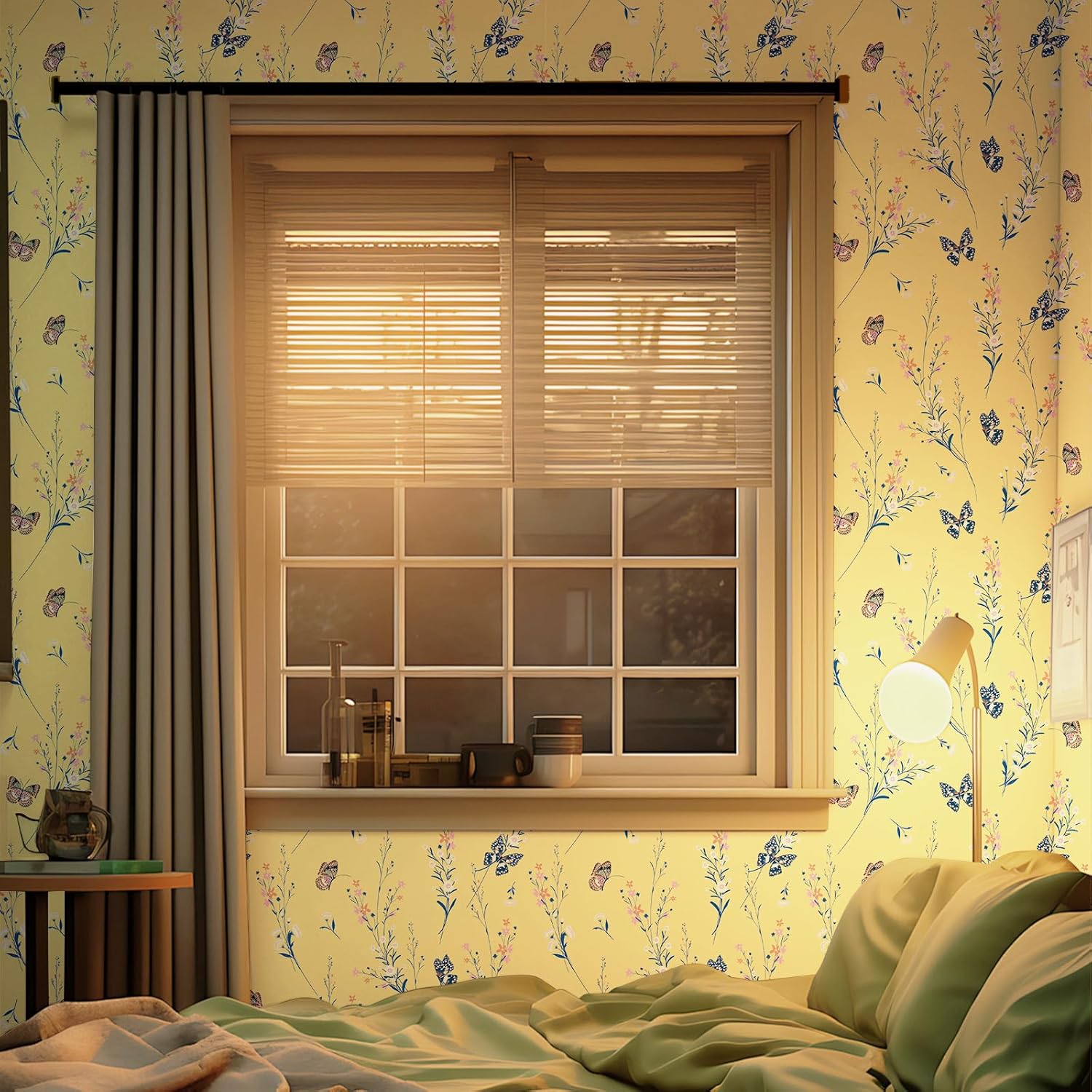 Shackcom Vintage Floral Wallpaper Peel and Stick, 17.5" x 393.7" Yellow Boho Flower Daisy & Butterfly Contact Paper, Self-Adhesive Removable for Home Bathroom Bedroom Countertop Cabinet Wall Decor