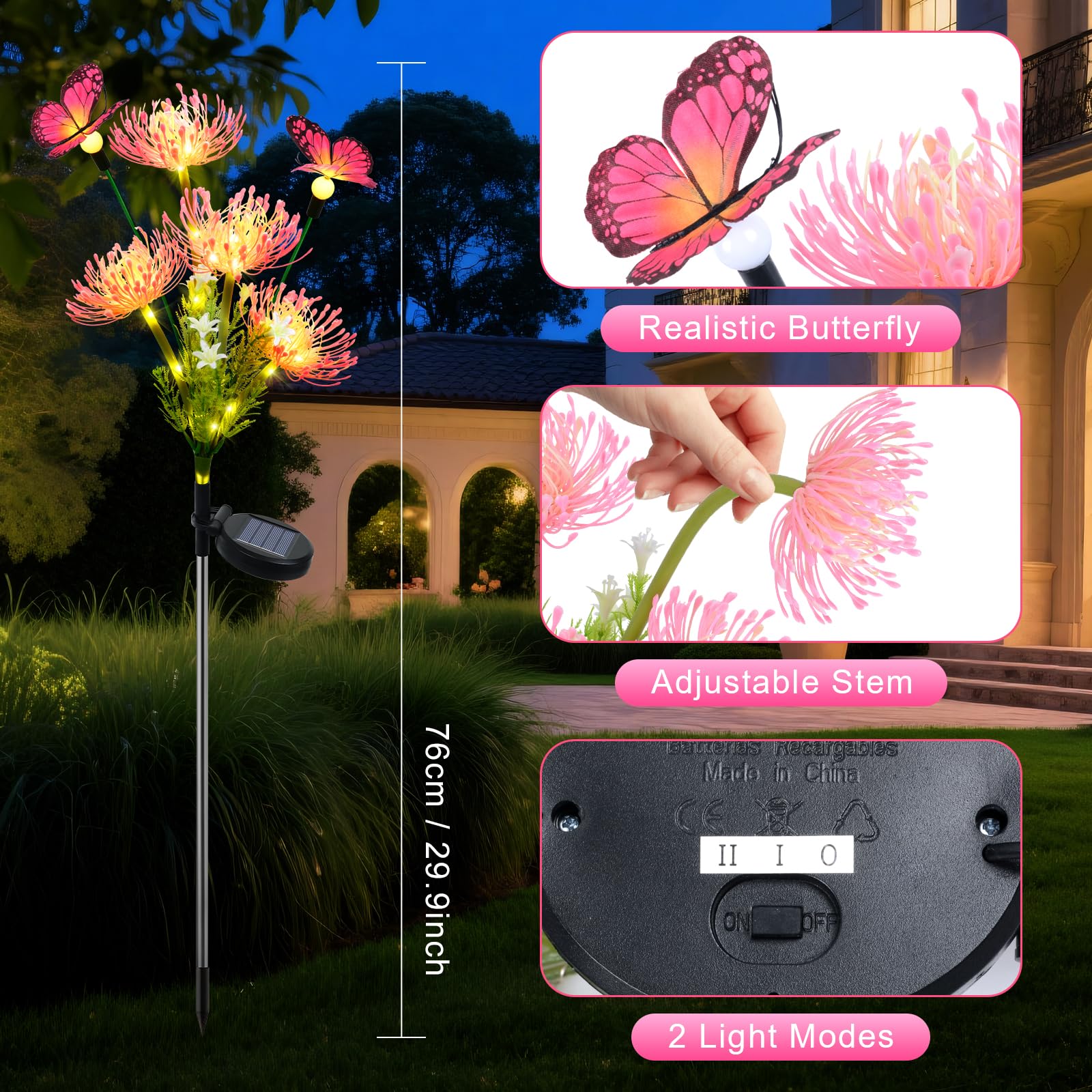Qoosea 2 Pack Solar Lights Garden Ornaments, Flower with Butterfly LED Solar Lights Outdoor Decoration - Image 2