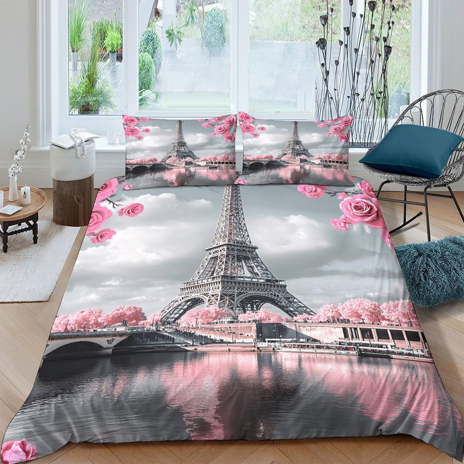 Ctjqhvkz Style-5 3D Printed Eiffel Tower Blossom Fitted Sheet Microfiber Soft Anti-Slip Paris Bed Cover For Bedroom Guest Room Decor Single（135X200cm）