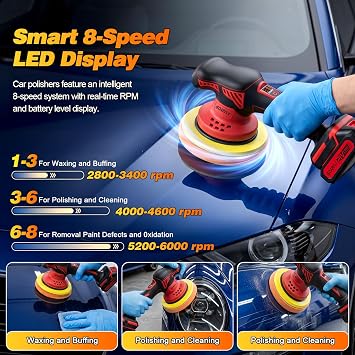 Cordless Car Buffer Polisher kit [8-Speed 6000 RPM, Dual Action (DA) Random Orbital, 2x 21V 2000mAh Batteries & LED Display & 16 PCS Attachments] Easy to use for Scratch Removal, Polishing & Waxing