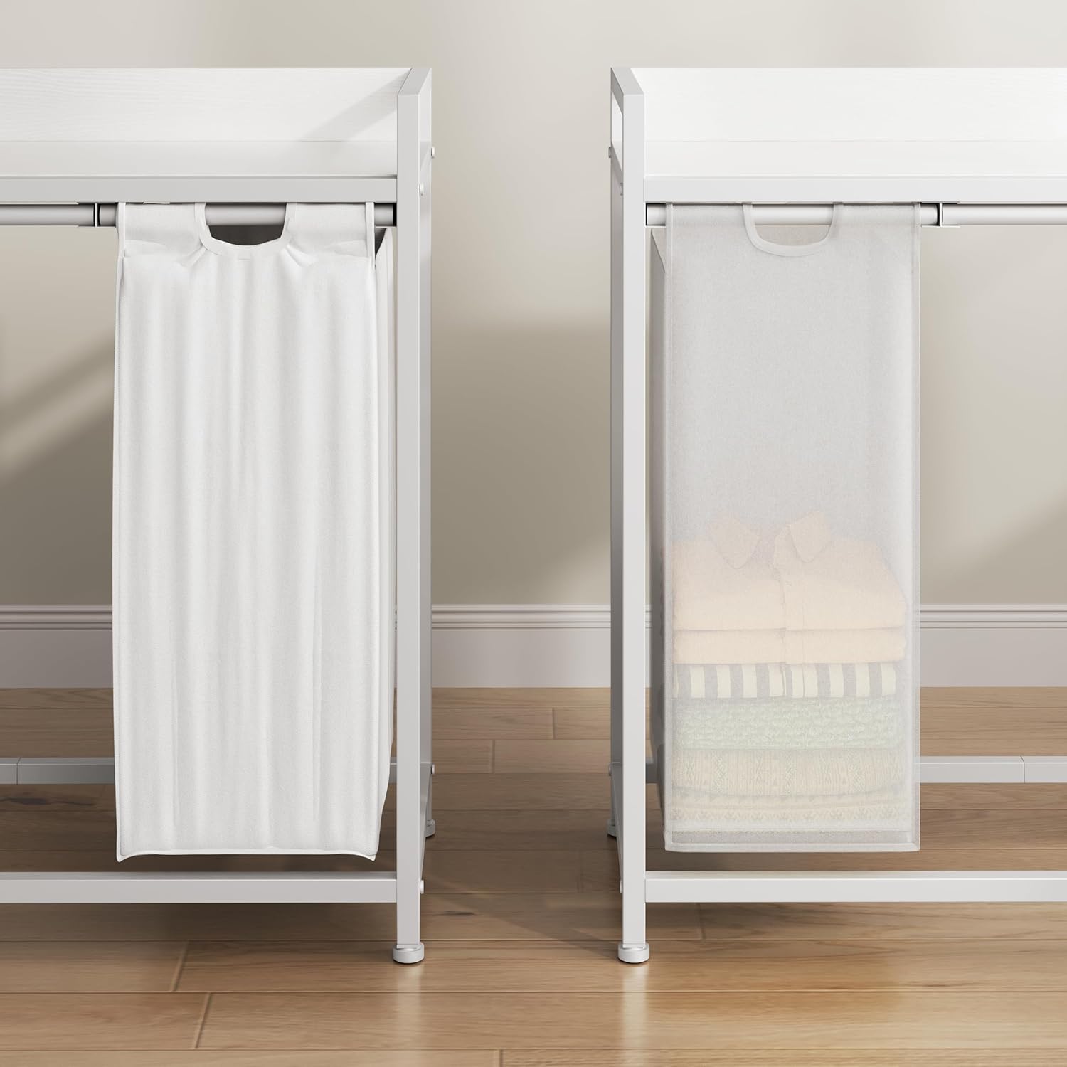 Herture Laundry Hampers with Shelf, Laundry Basket 3 Section, Laundry Sorter with Pull-Out Removable Large 3 Color Bags and Movable Wheels, Metal Frame, 3 x 15.87 Gallons (60L), White PF04XLE image 5