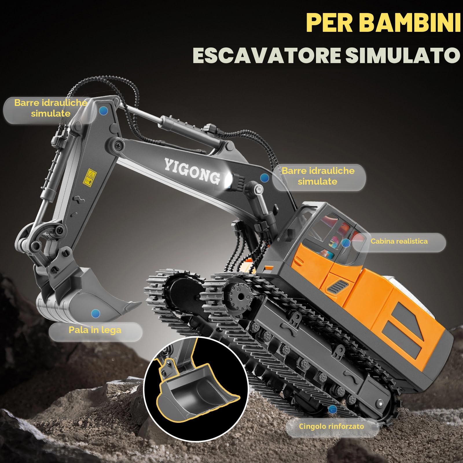 Escavatore Telecomandato per Bambini, Escavatori Ricaricabili con Pala in Metallo, Escavatore Idraulico Rc con Luci e Suoni, Giocattolo Scavatore per Ragazzi 6-14 Anni