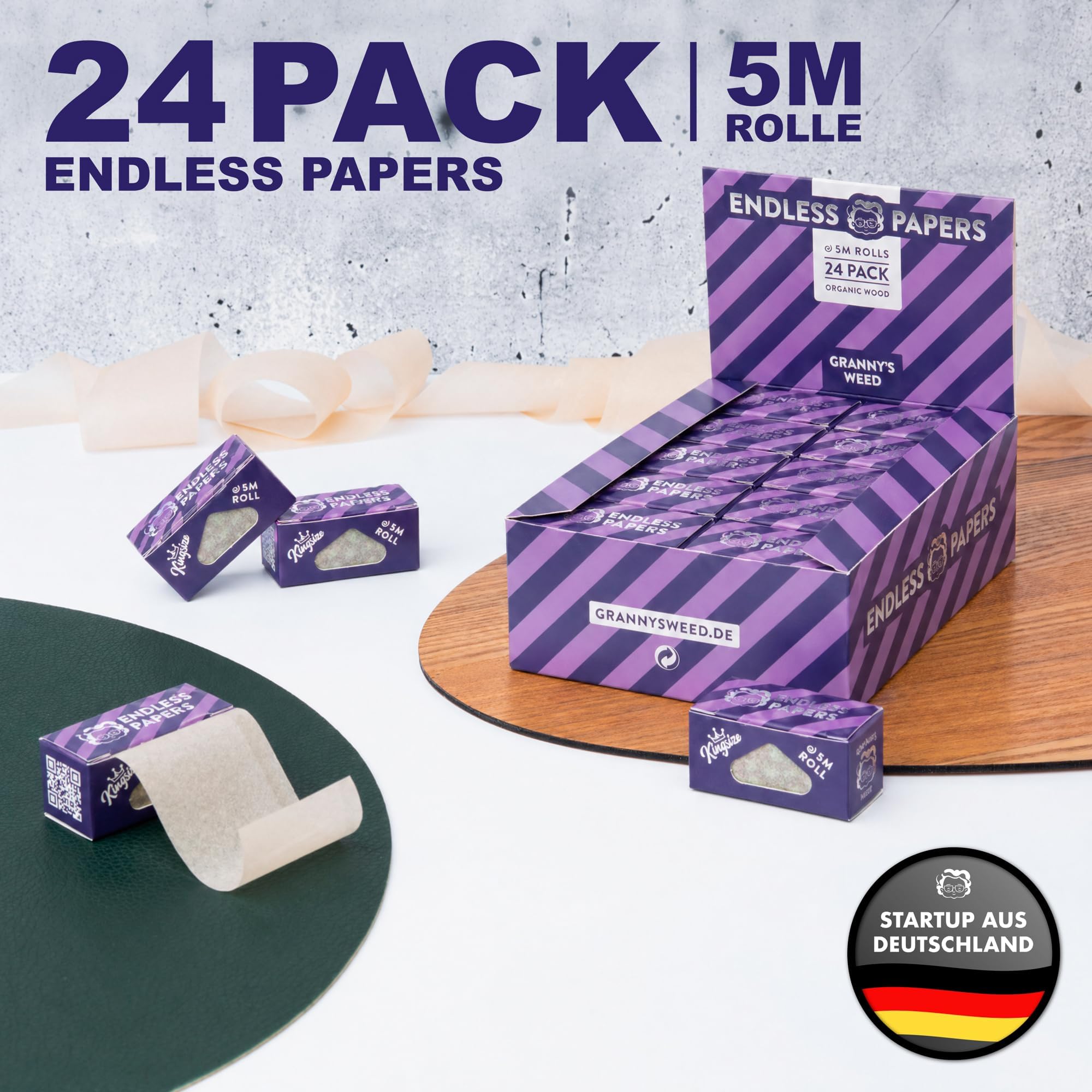 Granny's® Endless Papers aus Zellstoff (Holz) | 24er Box | 45 mm Breite | 24x 5 Meter Endlospapier | 120 Meter gesamt | Grannys Papers | In Granny We Trust