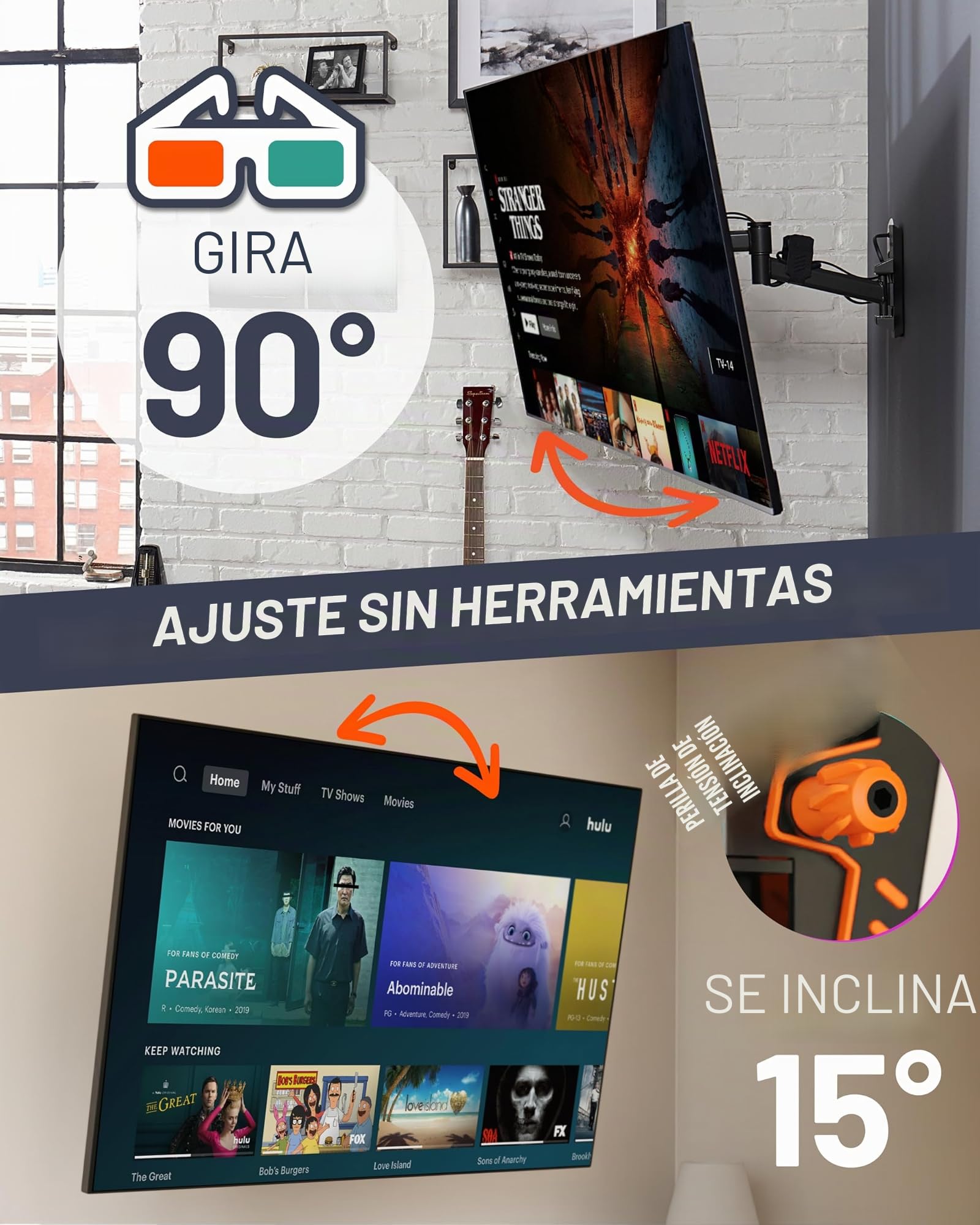 ECHOGEAR Soporte de Pared Giratorio de Movimiento Completo para televisores de hasta 60 Pulgadas, extensión Suave, inclinación