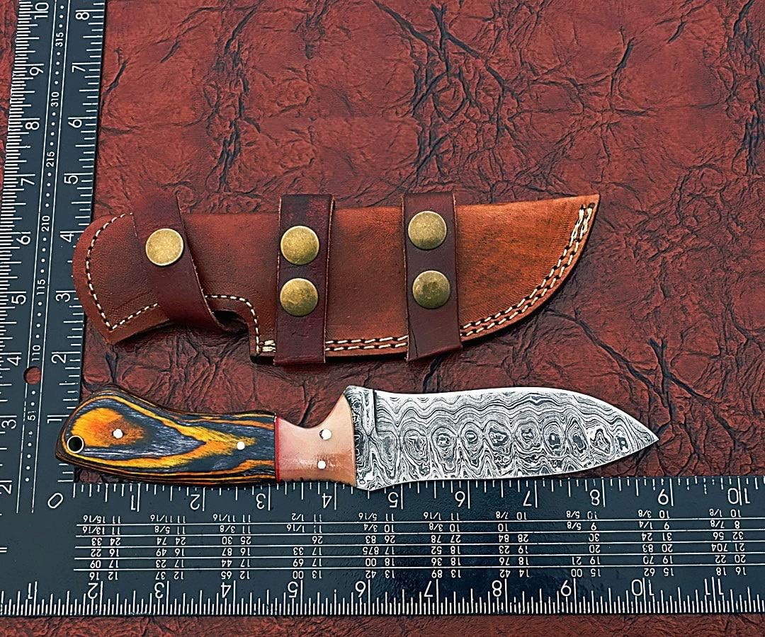 9" Long Hand Forged rain Drop Pattern Damascus Steel Skinning Knife, 4.5" Full Tang Hand Forged Blade, Multi Color Wood Scale, Cow Hide Leather Sheath with Belt Loop