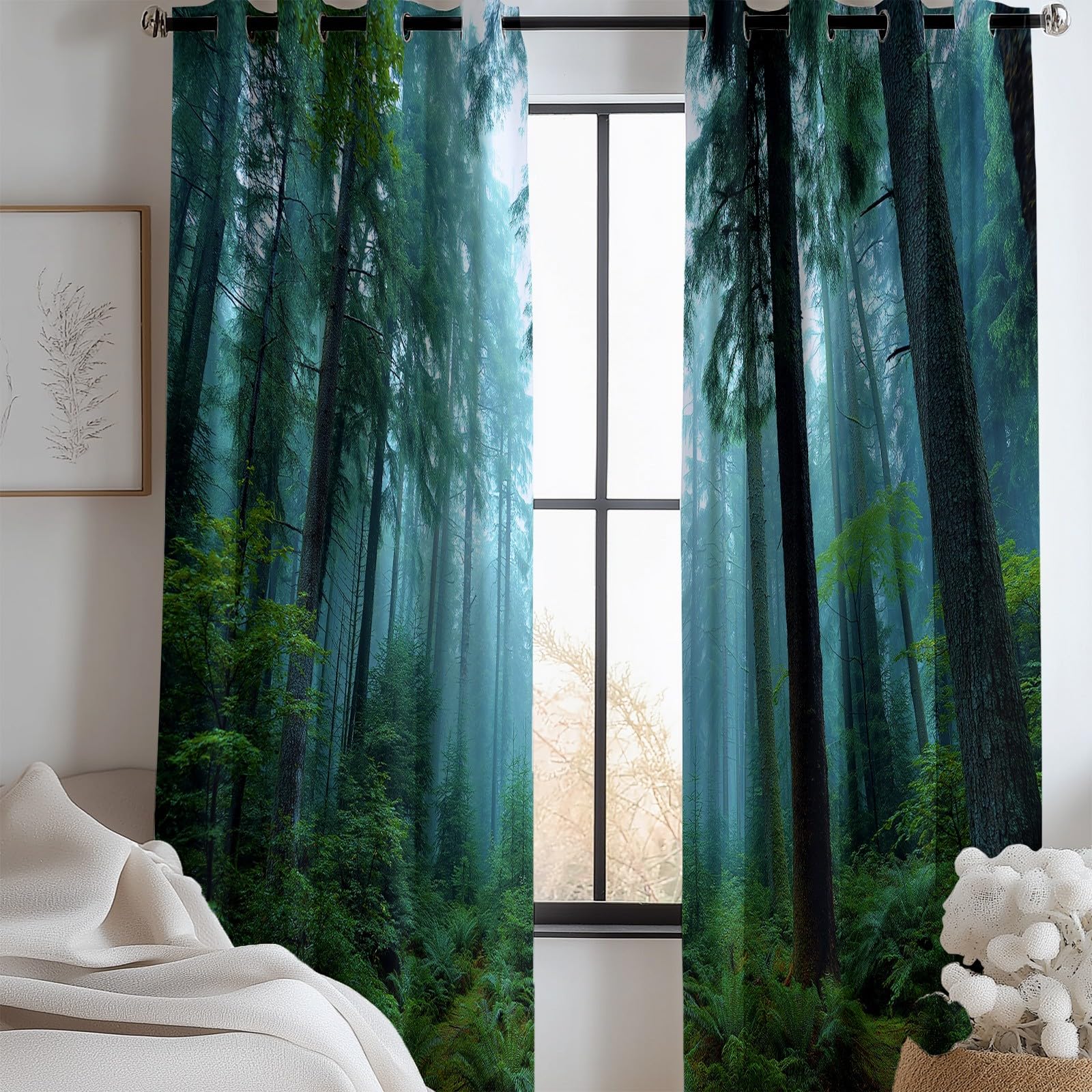 Verdunklungsvorhänge Wald Nebel Kinderzimmer Vorhänge Blickdicht, Dunkelgrün Thermovorhang mit Ösen, für Schlafzimmer Fenster & Balkon Geheimnis Bäume - 110 x 215 cm (2er Set)