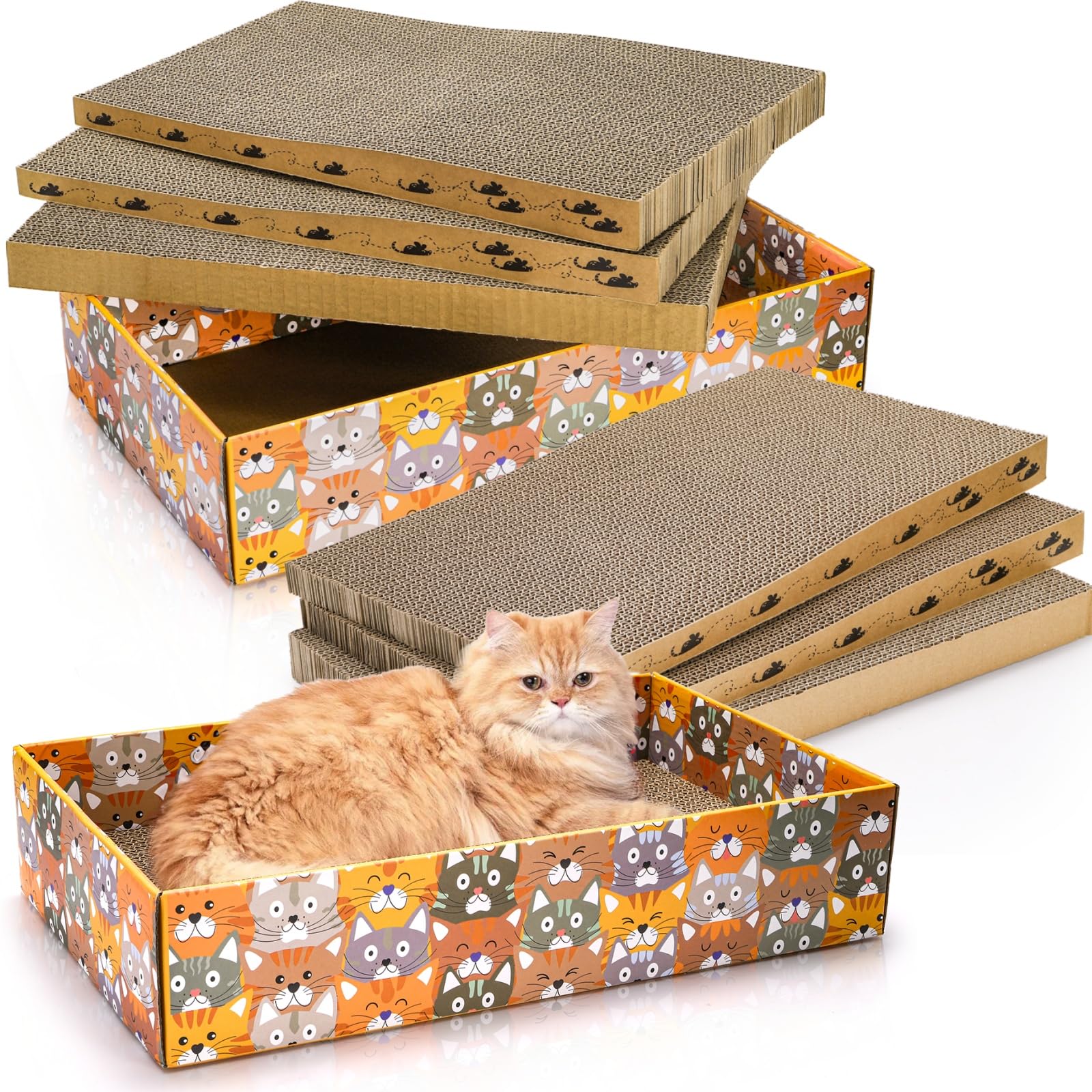 Pumtus 6 Pcs Cat Scratching Board with 2 Box, Cardboard Cats Scratch Pad, Corrugated Cats Scratcher Lounge, Reversible Kitty Sofa Bed, Furniture Protector for Indoor Cat to Rest and Play