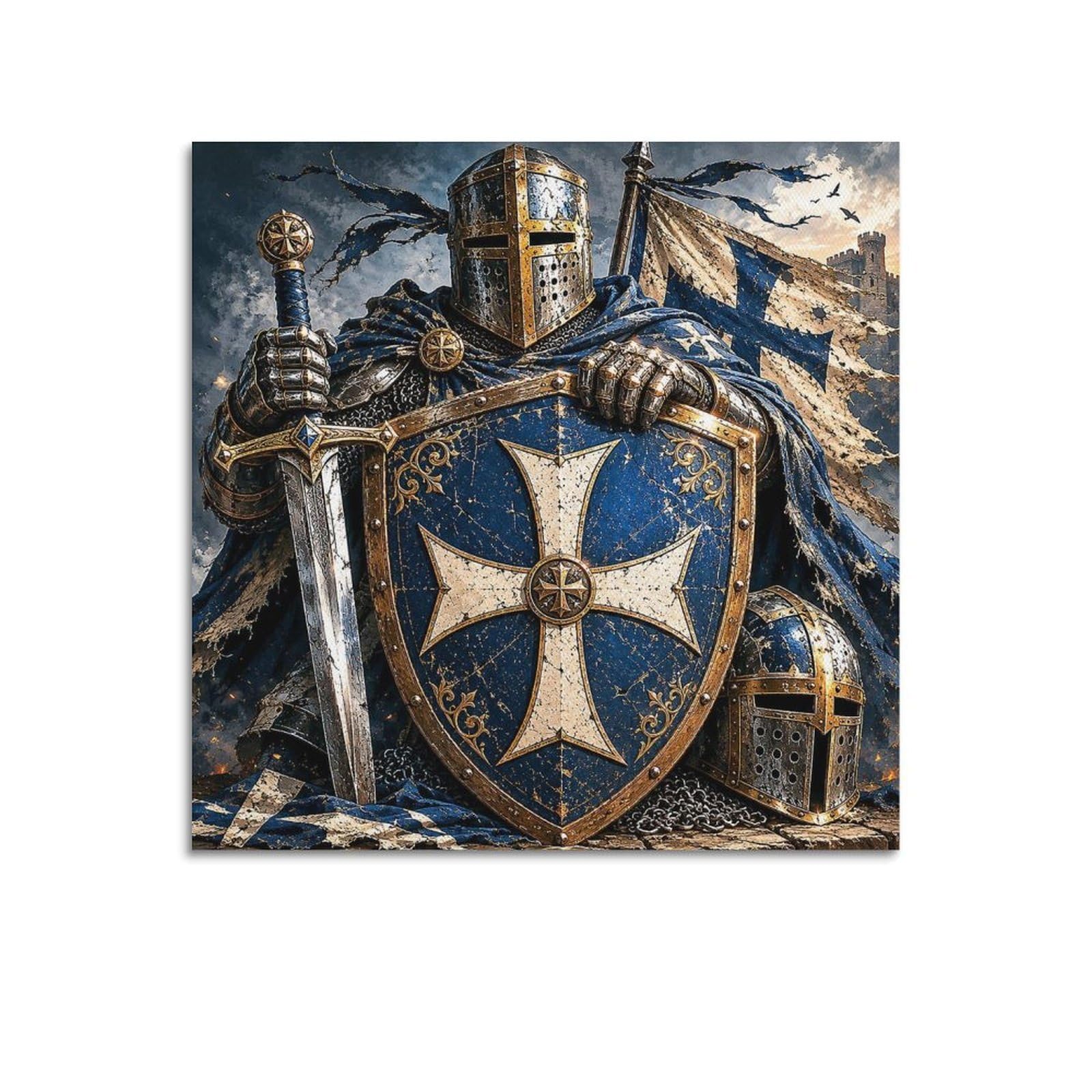 XKUGA Templar Shield Gothic Poster Navy Enamel Medieval Guard Armor Modern Decorative Canvas Prints - Ideal Wall Art for Family, Man Cave, Game Room, Boys & Girls Bedroom 20x20inch(50x50cm)