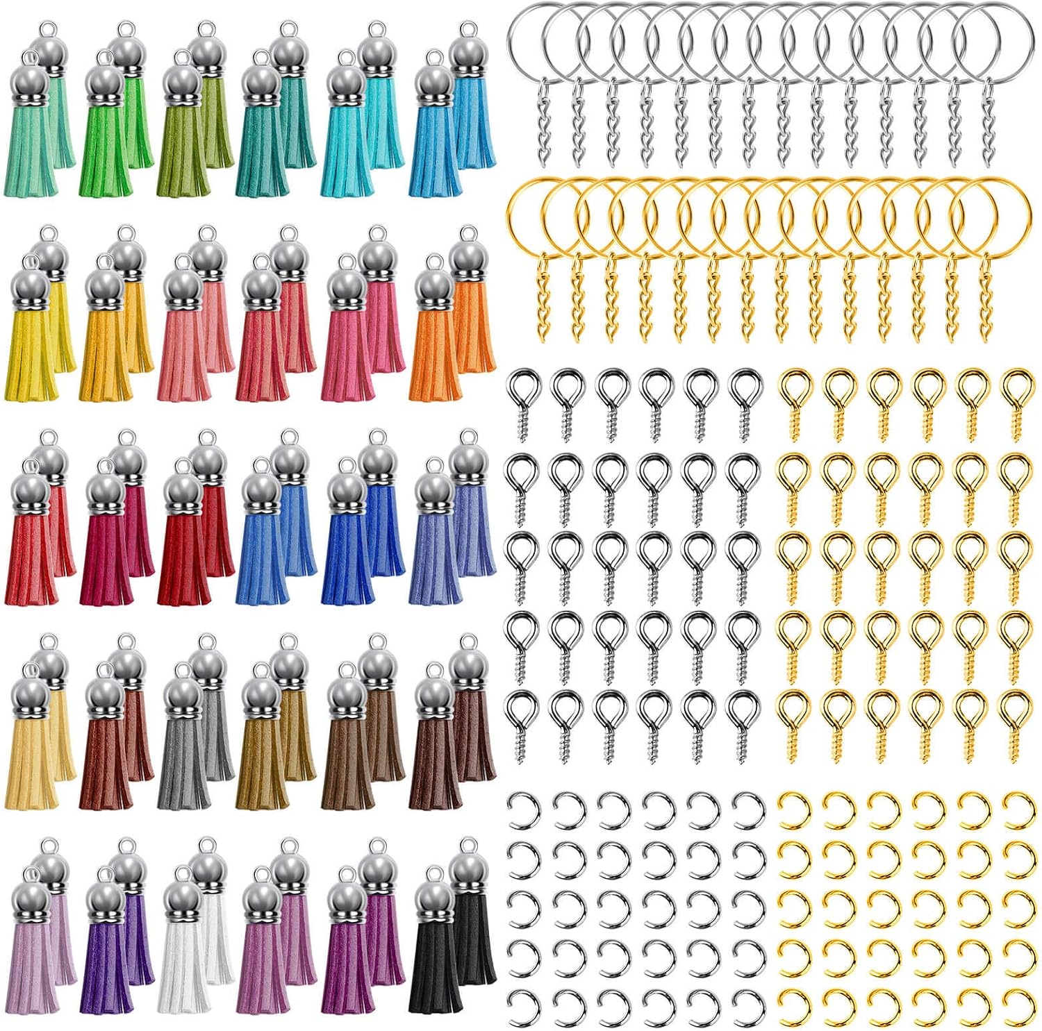 Tassel Keychain, Flasoo 240Pcs Keychain Tassels Charm Bulk with Key Chain Tassels, Key Rings, Jump Rings and Screw Eye Pins for Resin Molds, Jewelry Making and Acrylic Keychain Blanks