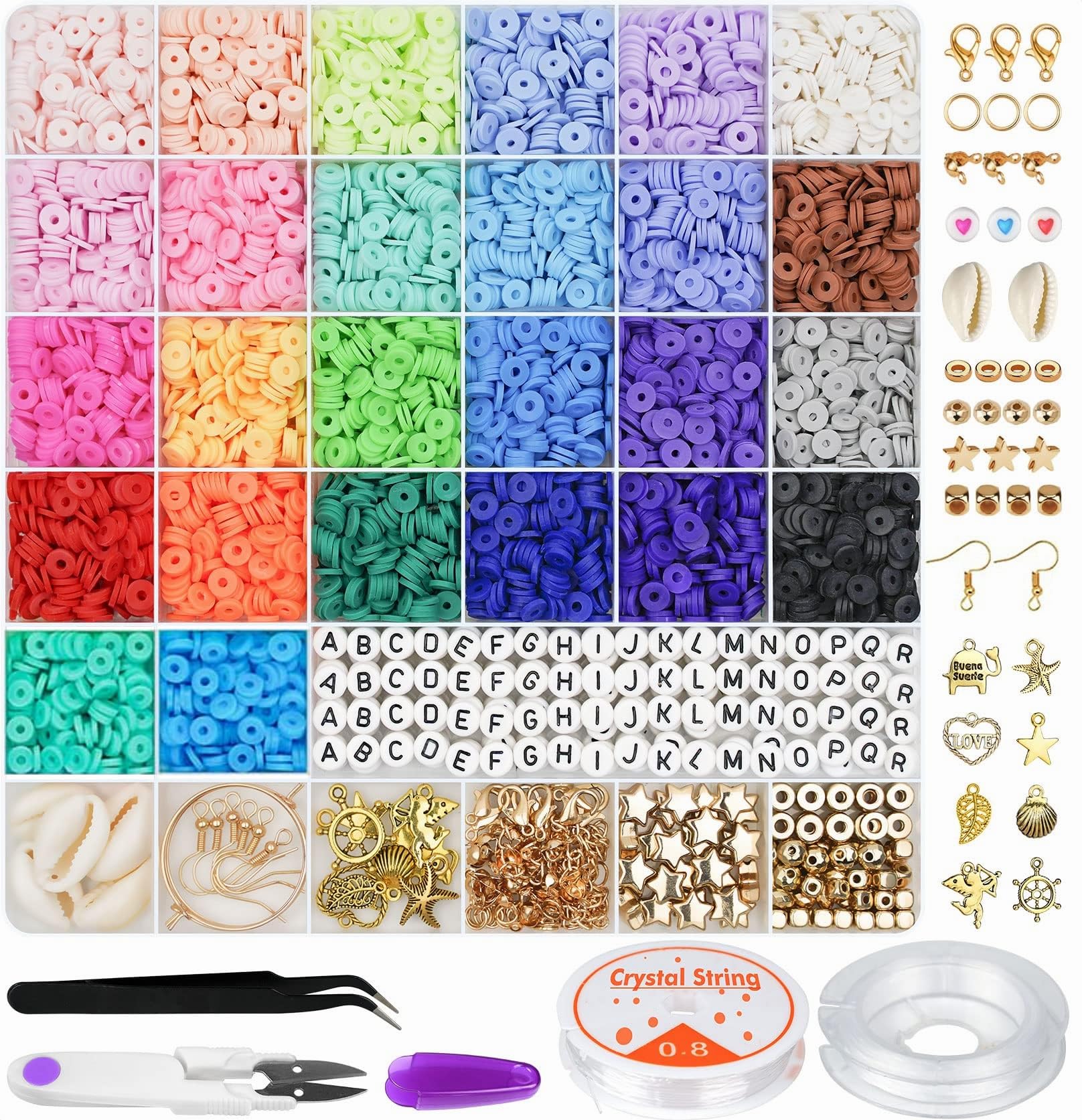6500Pcs Clay Beads Bracelet Making Kit, 26 Colors Flat Round Clay Beads for Friendship Bracelet Making Kit, DIY Polymer Heishi Beads Set for Jewelry Making, with Charms for Girls