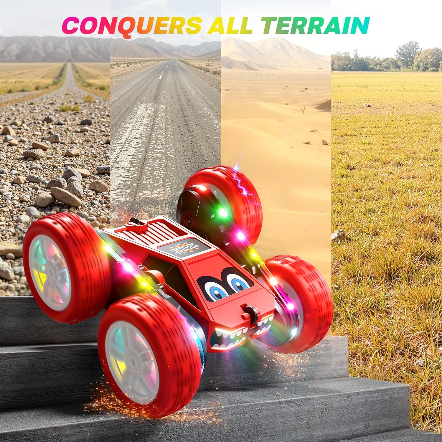WayEee Remote Control Car, 360° Flips RC Stunt Car with LED Lights Strips, Type-C Charge Modular Battery, 2.4 GHZ Double Sided High Speed RC Cars for Boys Age 8-12 Girls 3+ Kids Toys Birthday Gifts