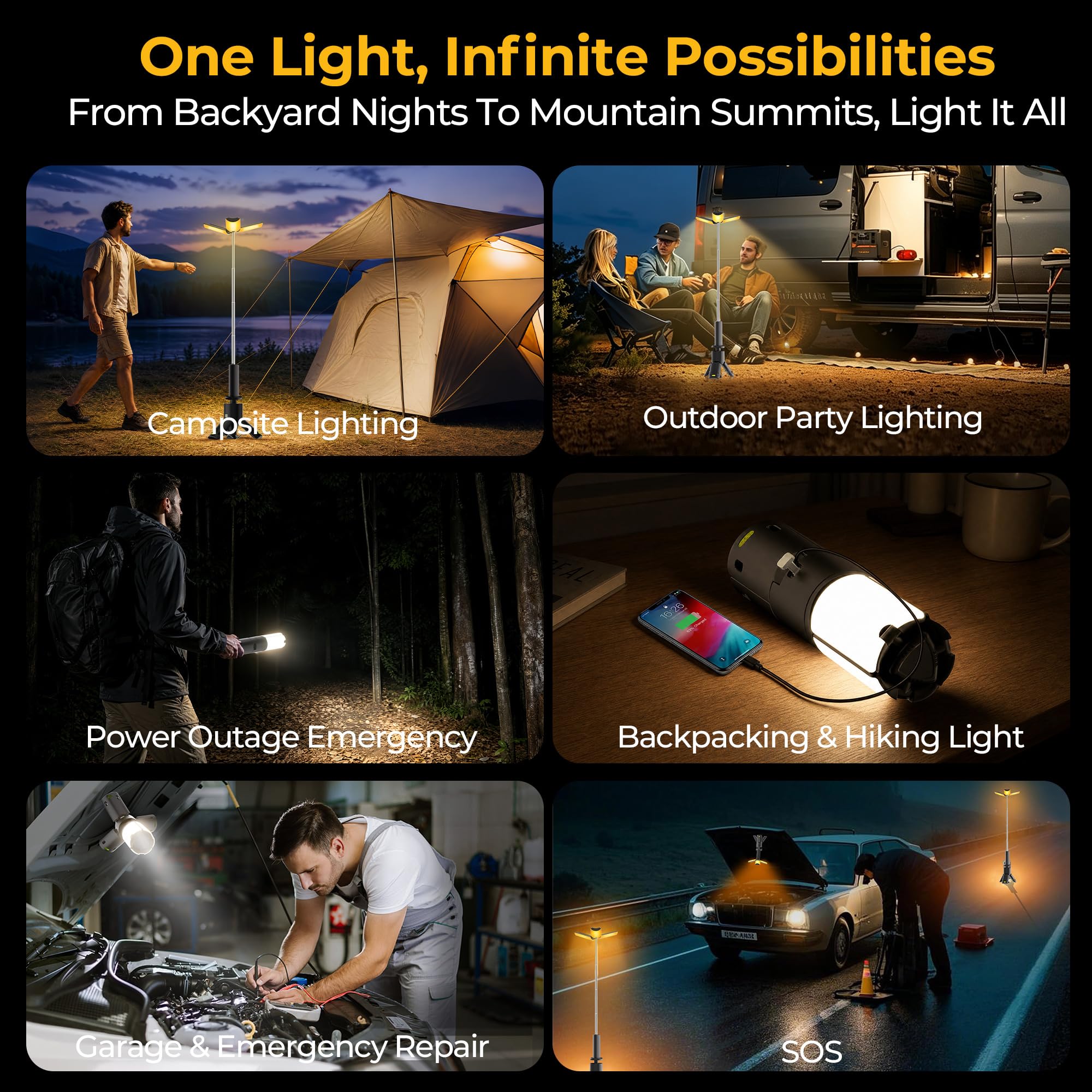 Luci da campeggio ricaricabili, luce da campeggio pieghevole, lanterna da campeggio a LED a 360° con asta telescopica, per tenda, escursionismo, emergenza, interruzione di corrente, uso esterno e