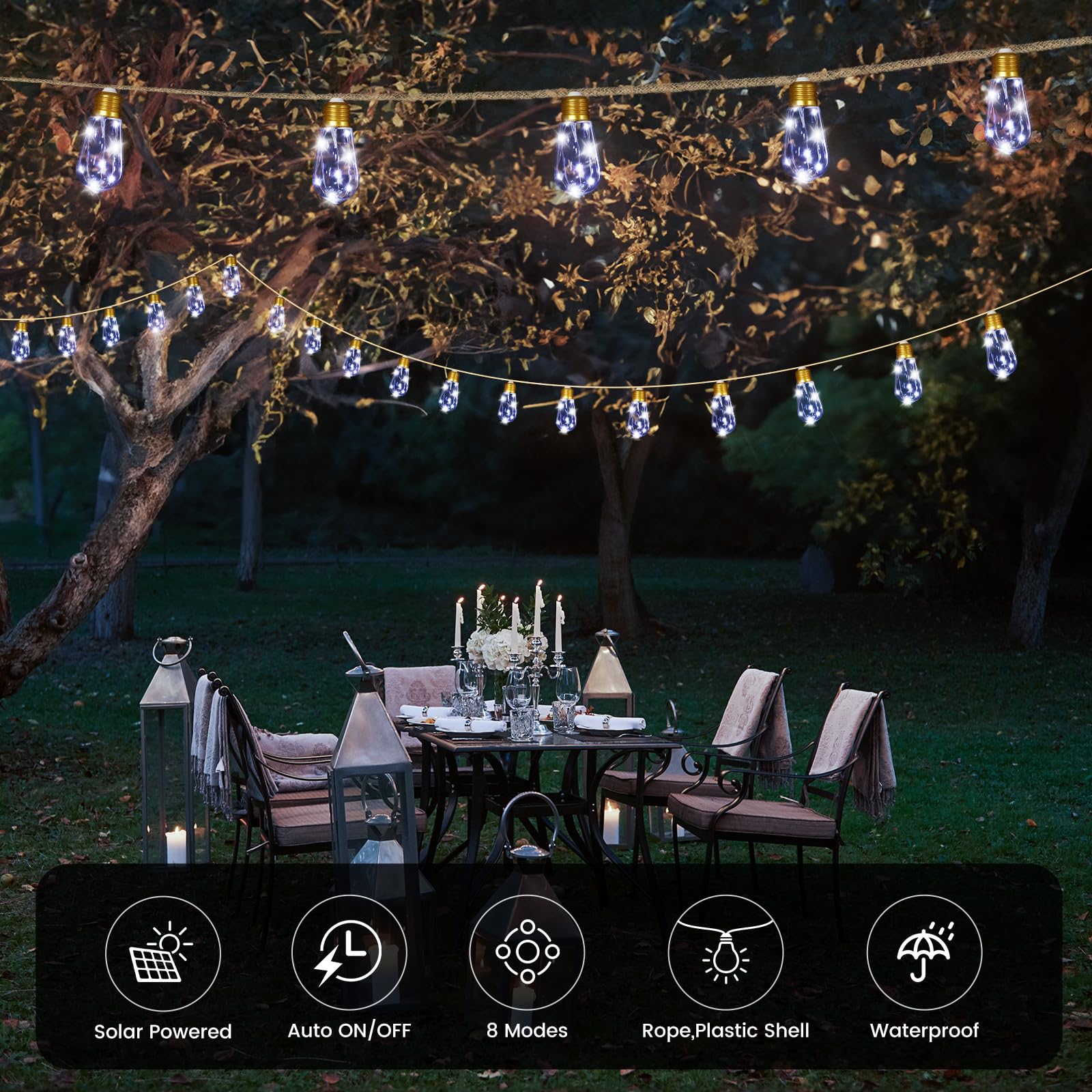 Guirnalda de luces solares para exteriores, cuerda de cáñamo vintage de 24 pies con 20 bombillas inastillables, impermeables, 8 modos de luces solares para patio, jardín, valla, balcón, camping