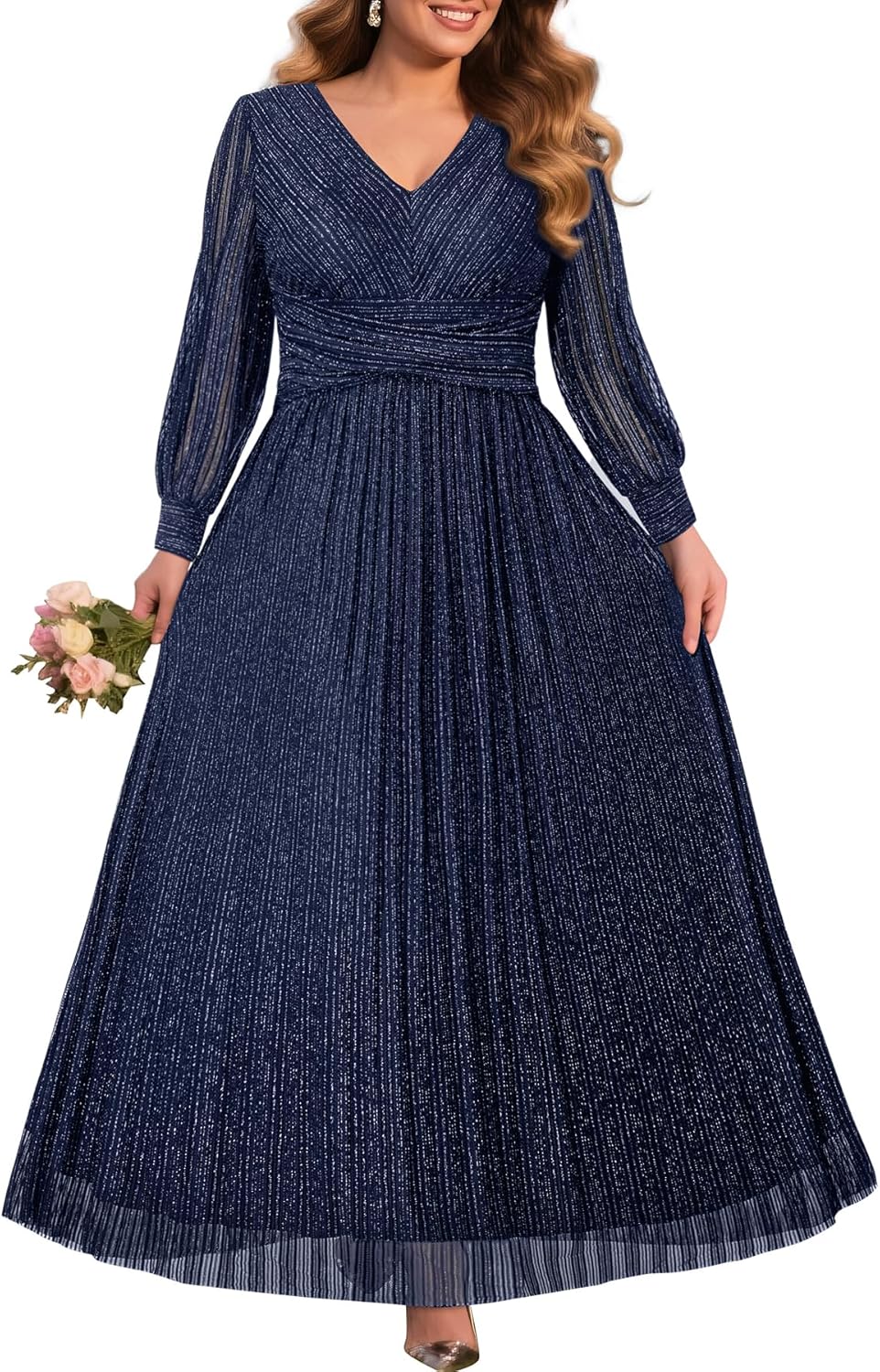 Pinup Fashion Women Plus Size Formal Dresses - Evening Gowns Long Sleeve Wedding Guest Glitter Prom Long Dress