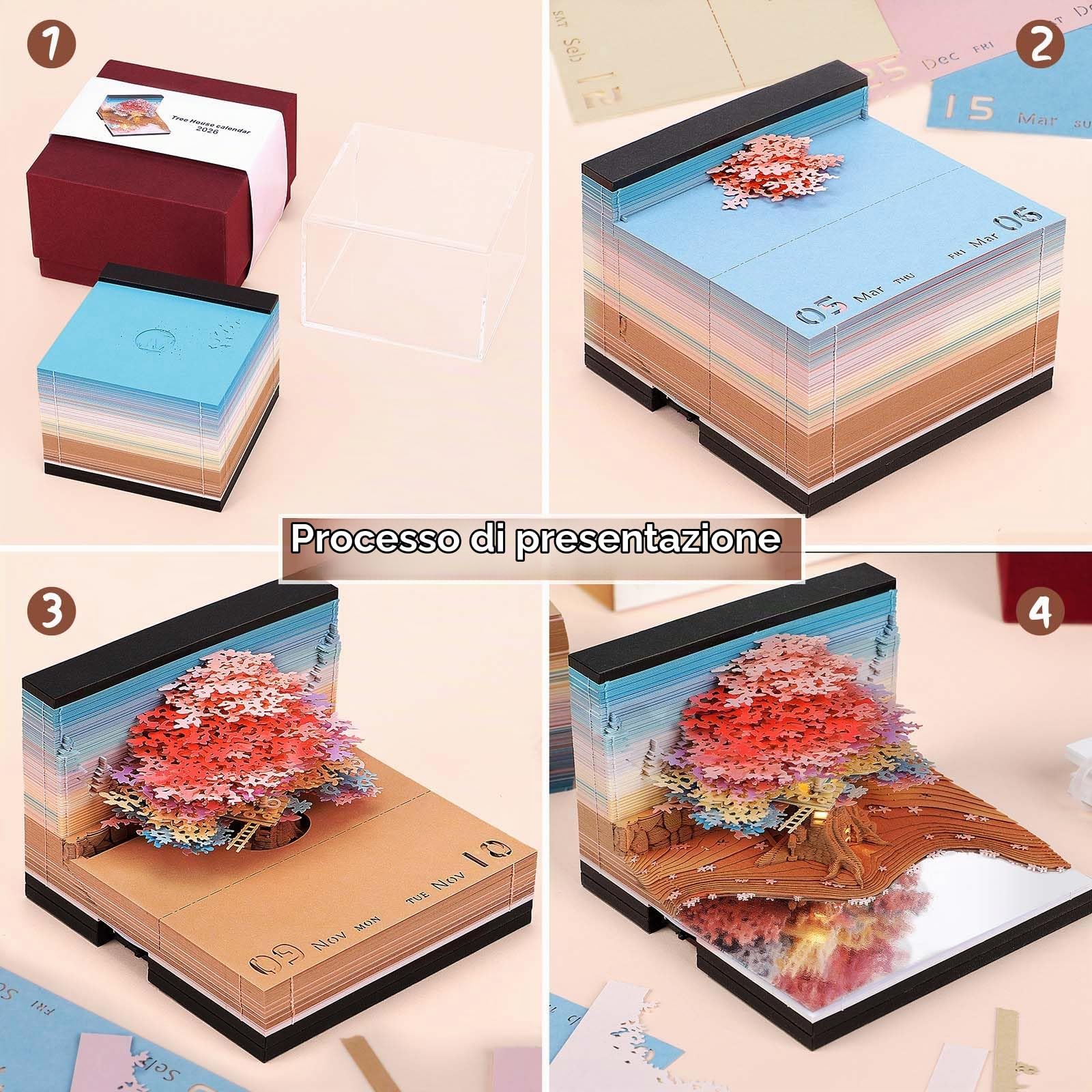 2026 Calendario da Tavolo 3D Blocco note con luce, 2026 Calendario scrivania 3D della casa sull'albero Calendario tempo 3D Calendario della vita Artigianato artistico intaglio fai da te Regalo