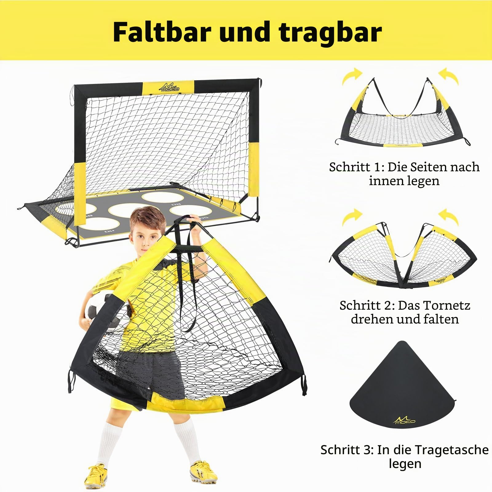 MoKo Fußballtore für den Garten, Großes Pop-up-Tornetz mit Zieltafel, Tragbare Fußballtrainingsausrüstung für Kinder zum Üben, Outdoor-Sportspiel