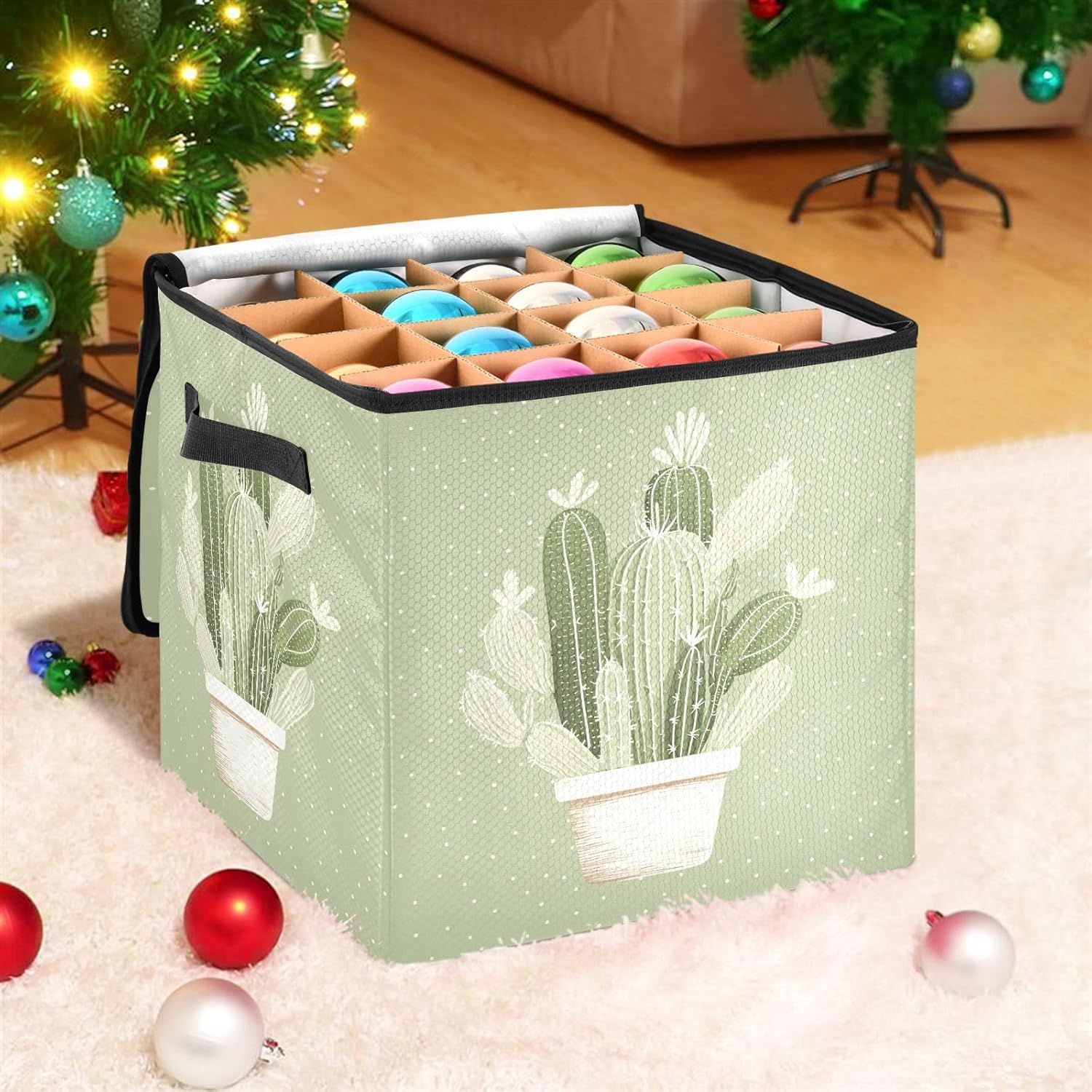 Cute Cactus Green 13 Inch Christmas Ornament Storage Box with Lid - Holiday Decor Storage Containers, Stores 64 Ornaments, 3 Inch Cube Compartments