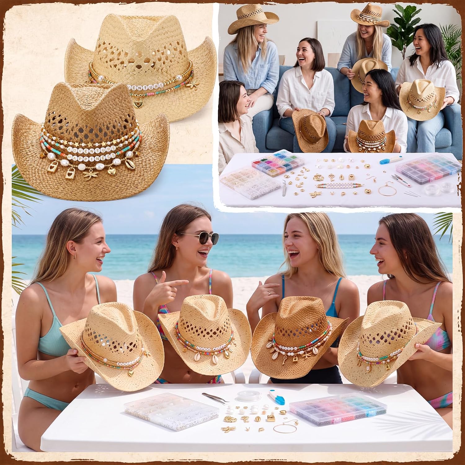 Unittype Straw Cowgirl Hat DIY Craft Bead Making Kit, Khaki & Beige, 6 Sets