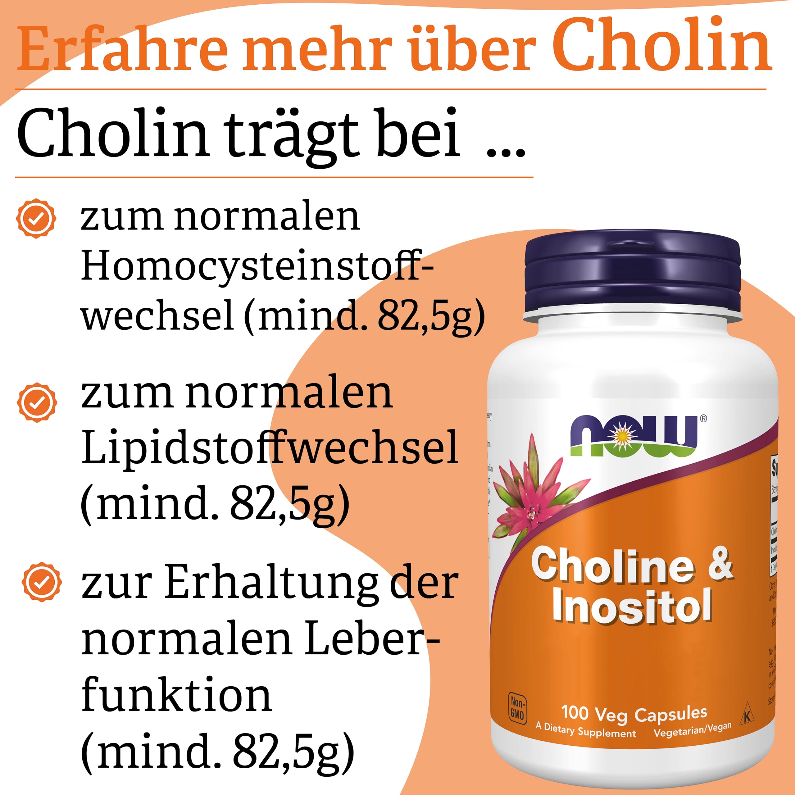Now Foods, Choline & Inositol, 500 mg, 100 vegane Kapseln, Laborgeprüft, Vitamin B, Glutenfrei, Sojafrei, Vegetarisch