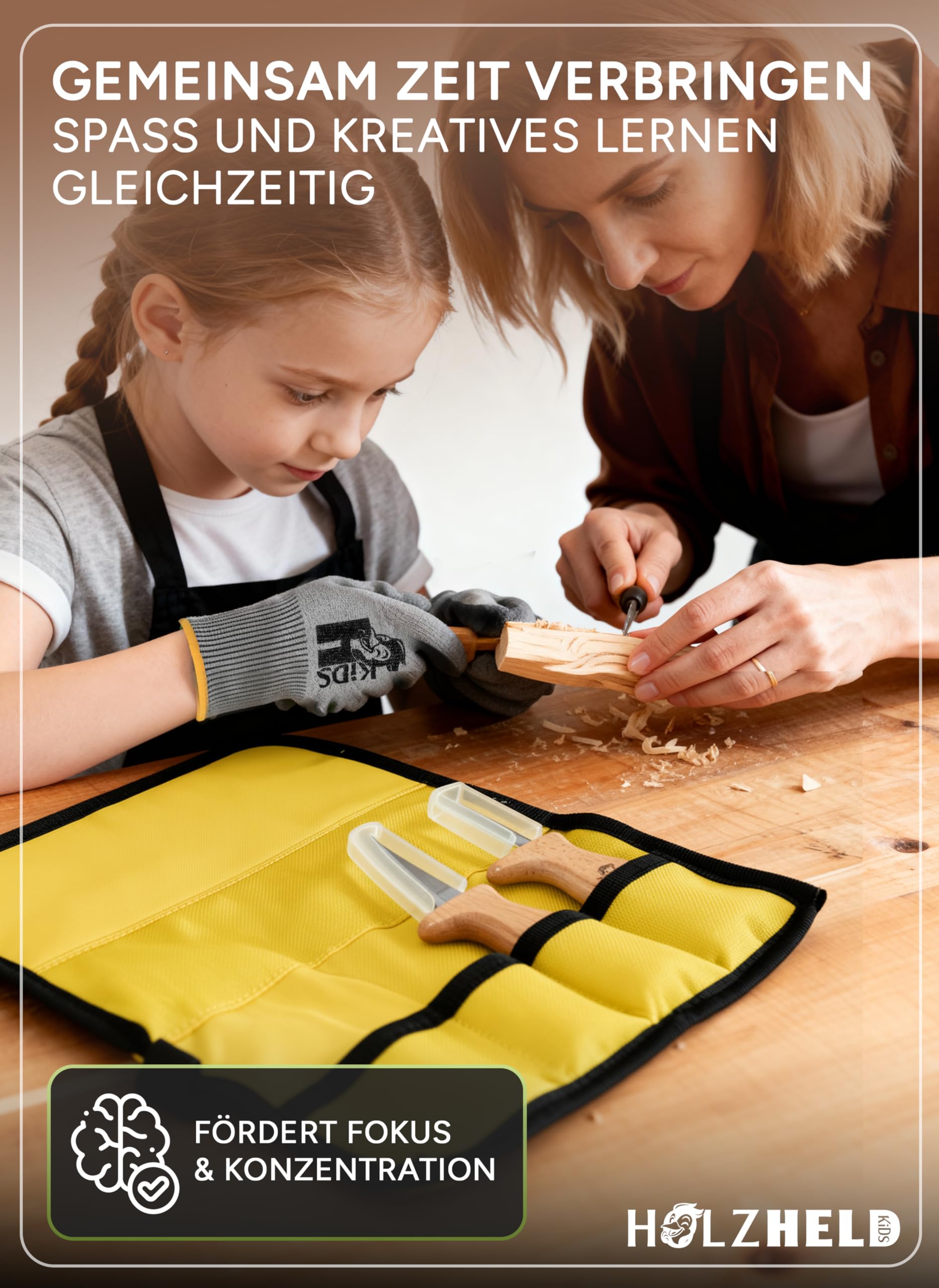 HOLZHELD - Schnitzmesser Kinder ab 4 Jahren - Schnitzwerkzeug Set inkl. Schnittfeste Handschuhe - Schnitzset mit praktischem Etui - Schnitzen Ab 4, 5, 6, 7, 8, 9 | Gelb Größe 5