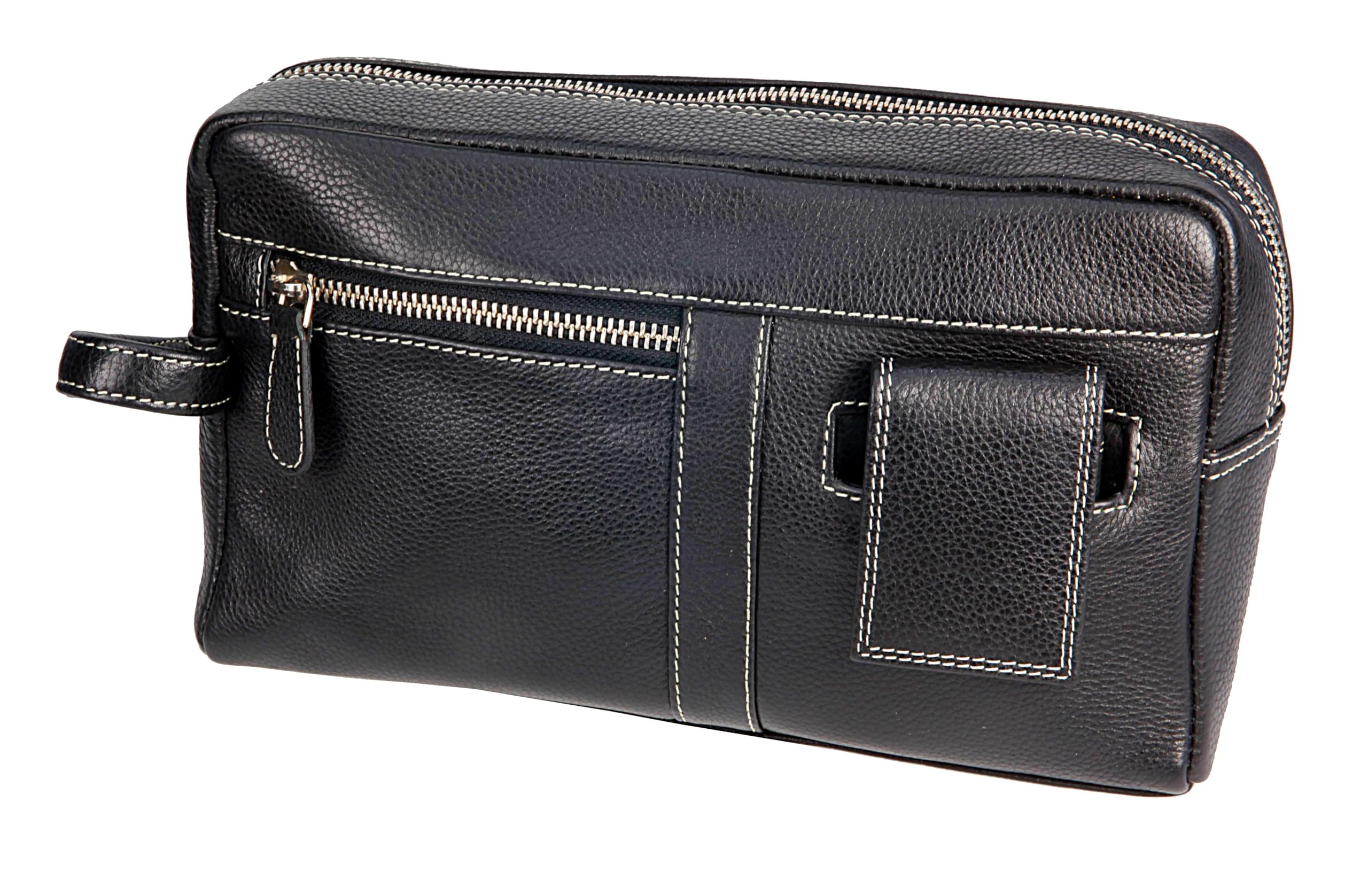 Sonnenschein Leder Kulturtasche & Kulturbeutel für Herren & Damen – Mittelgroße Kosmetiktasche mit 3-TLG. Maniküre Set aus Edelstahl – Hochwertige Toilettentasche – Kosmetiktasche klein & kompakt