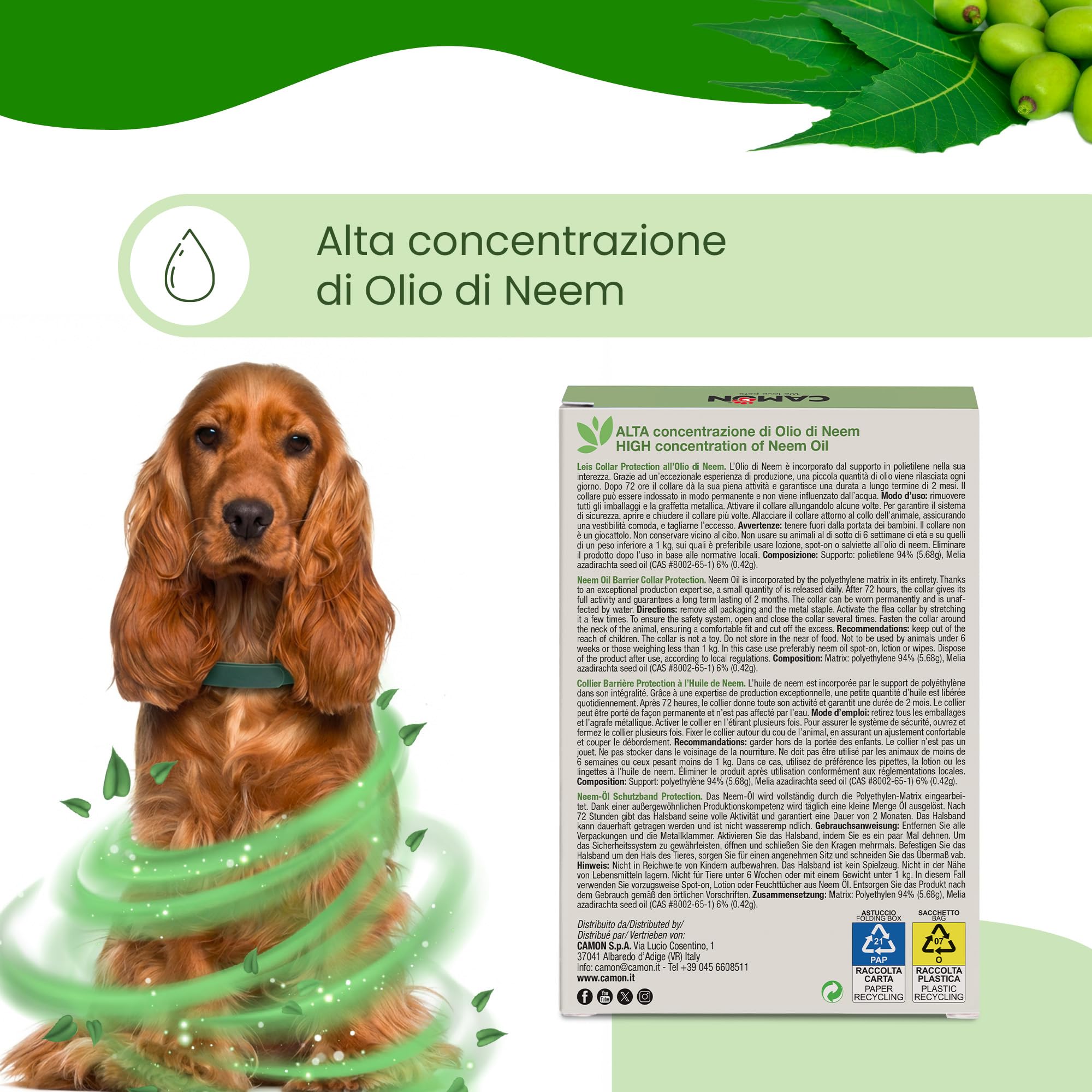 CAMON | Collier de protection pour chien (> 10 kg) avec huile de Neem, 60 cm, protection naturelle jusqu'à 2 mois