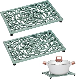 Sumnacon 2-Pack Cast Iron Trivets 9.6x6.3 Inch Green Heat-Resistant Mats with Rubber Feet for Hot Pots Pans Dishes