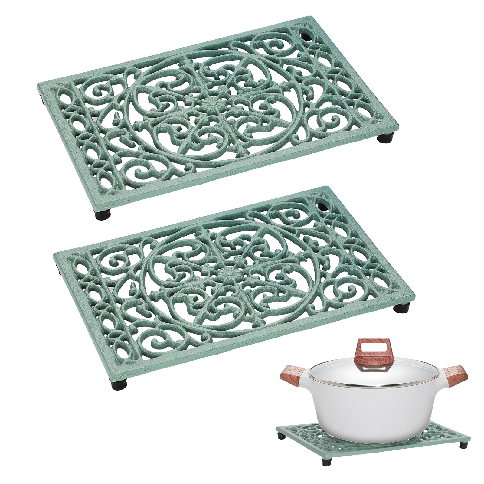 sumnacon 96 x 63 inch cast iron trivet 2 pack metal trivets with rubber feetsiron trivet for hot dish pot pan plate teapotheat resistant trivets cast iron for kitchen cooktop dining table green
