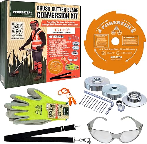 Kit de conversión para cortasetos FORESTER con cuchilla de 20.3 cm para desbrozadora, gafas de seguridad, tapones para los oídos, guantes, arnés,