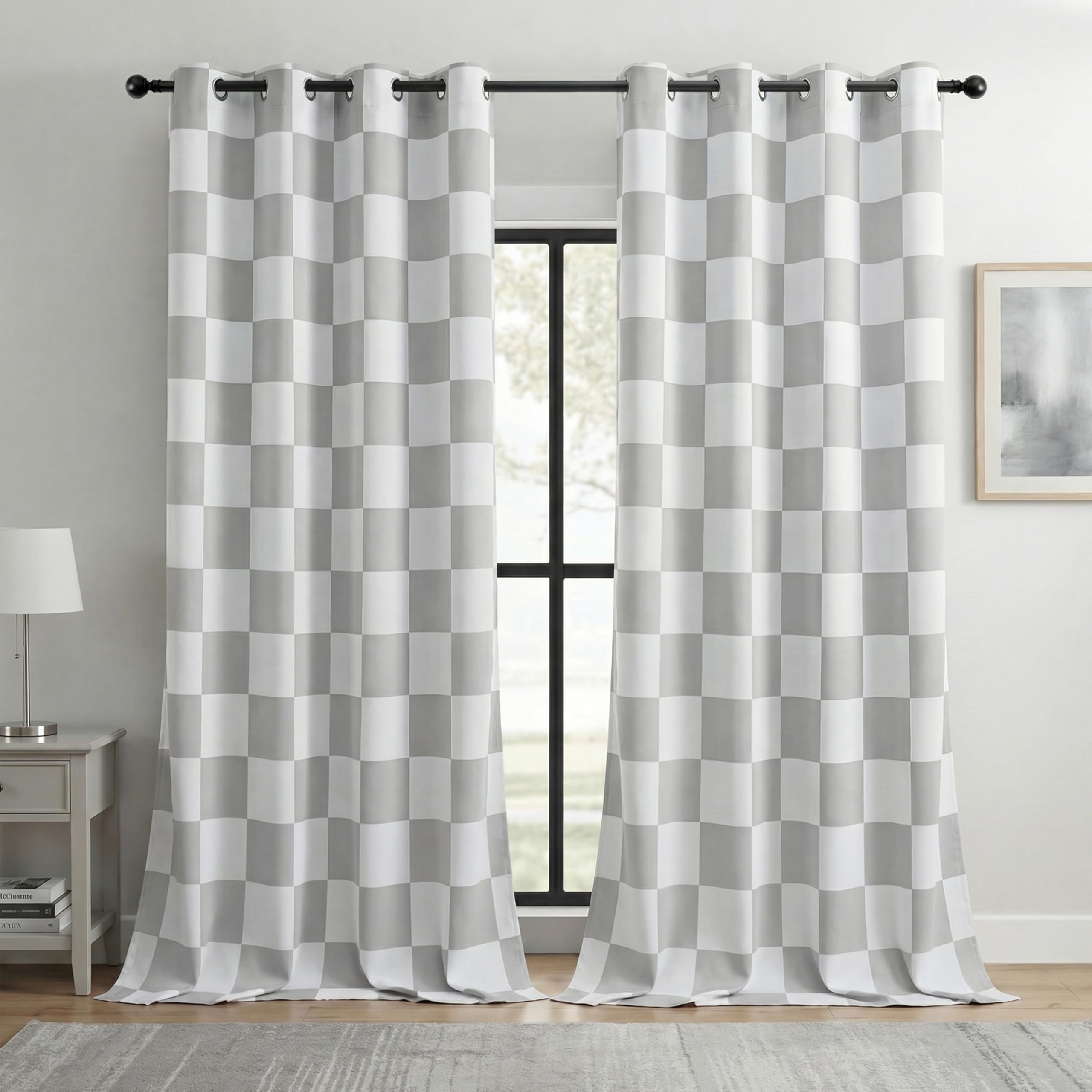 BOHOMOCASA 100% Blackout Checkered Curtains – 2 Panels, Each W52×L96, Thermal Insulated, Nosie Reducing for Bedroom, Modern Light Grey and White Checkerboard Design, Gray Checkered — image 1