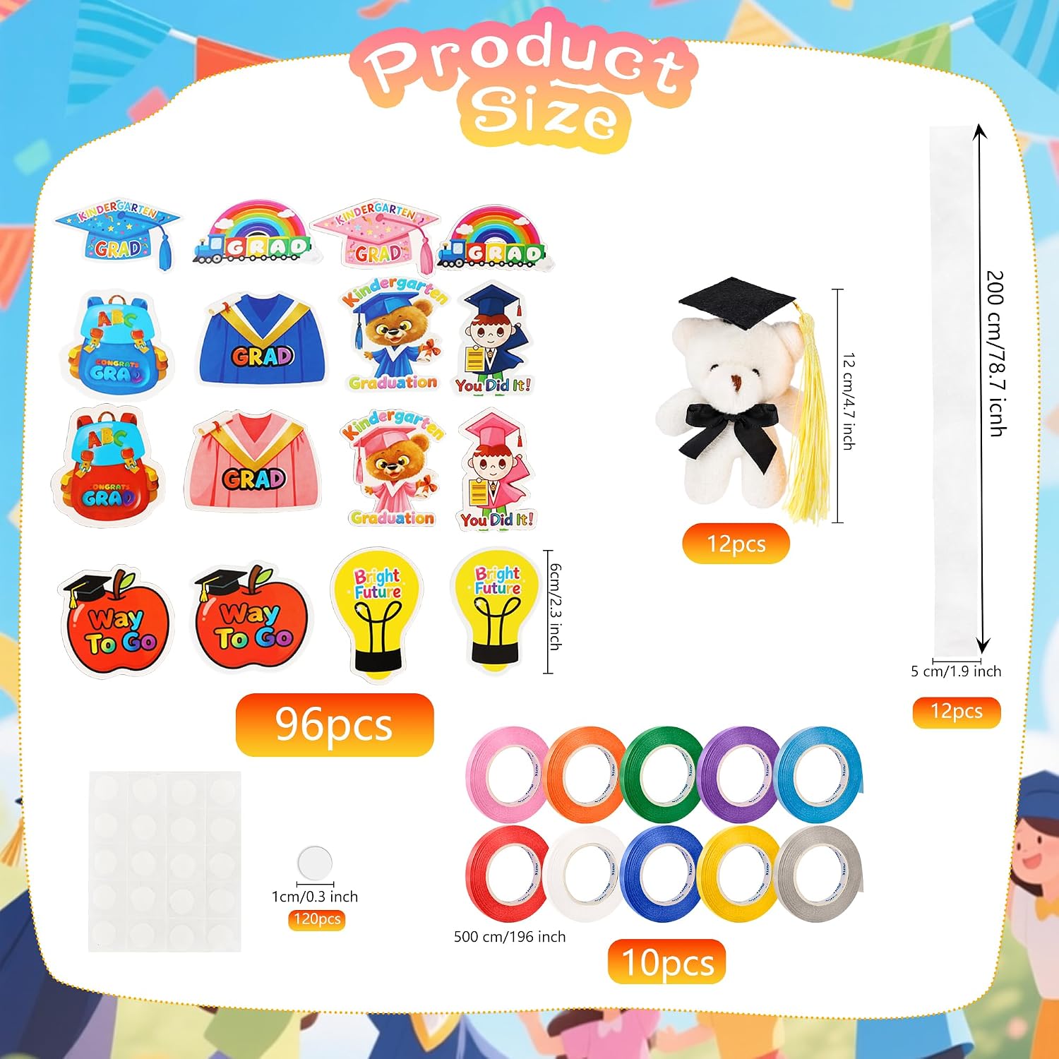 130 Pcs Kids Preschool Graduation Candy Lei Making Kit Including 12 Mini Graduate Bear Animals 12 Candy Lei Tubing 96 Graduation Paper Cut 10 Rolls Ribbons with Sticky Dots for Kindergarten Graduation Party