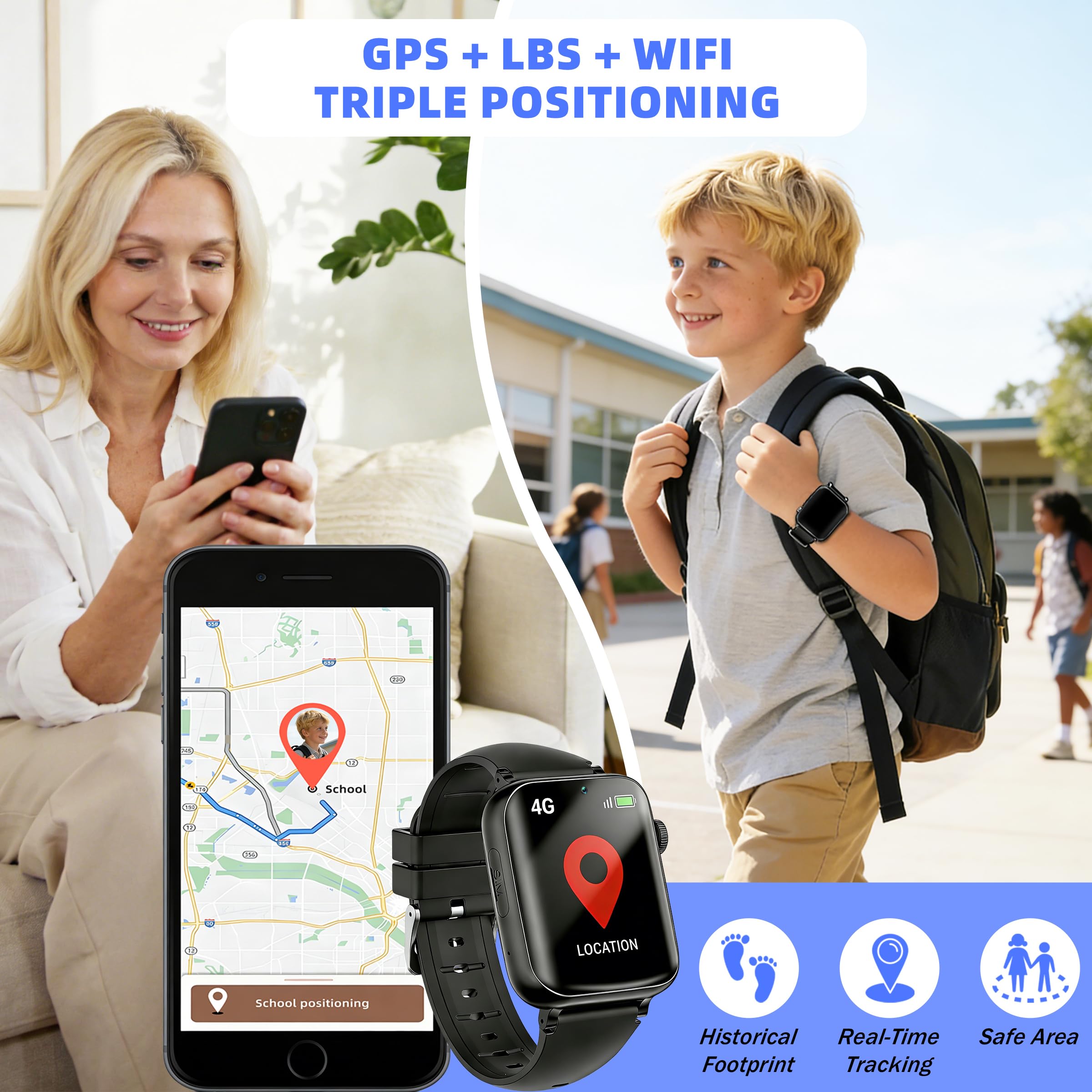 Orologio Smartwatch Bambini, 1.83" Touchscreen, con 4G Telefono/Chat/Video, GPS+LBS+WiFi Posizionamento, SOS, Modalità Scuola, IP68 Impermeabile, Regalo di Compleanno per Bambino (Nero)