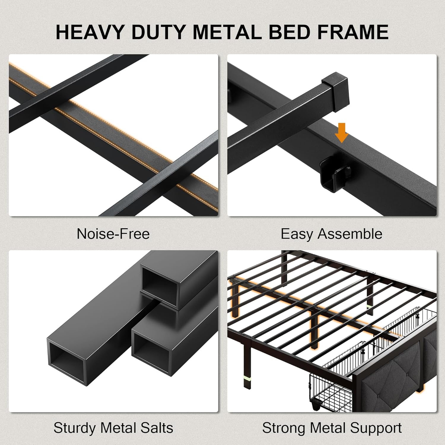 Queen Bed Frame with 2 Storage Drawers, Metal Platform Bed with Charging Station, Upholstered Button Tufted Storage Headboard, No Box Spring Needed, Easy Assembly, Noise-Free, Grey