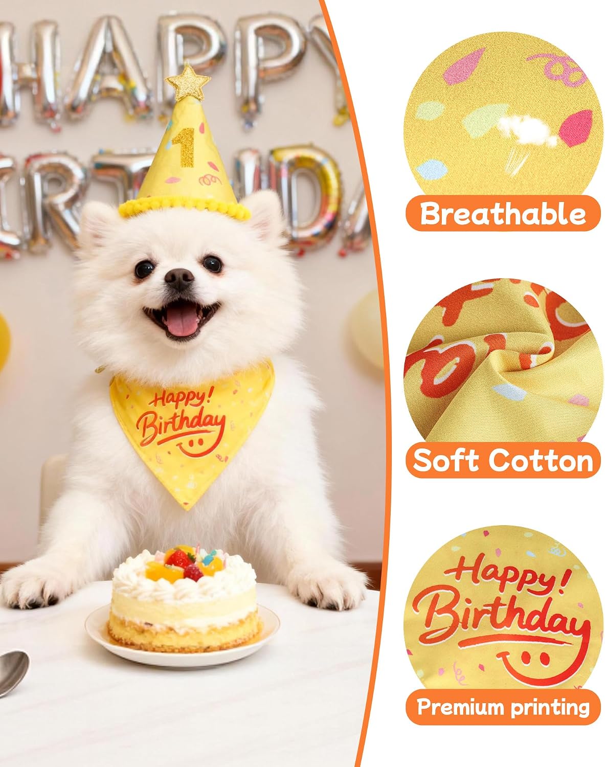 JZXOIVA Dog Birthday Party Supplies with Paw Print Kits, Dog Birthday Bandana Set, Cat Boy Girl Party Hat with Numbers for Large Medium Small Dogs, Adjustable Pet Anniversary Outfit, Yellow image 3