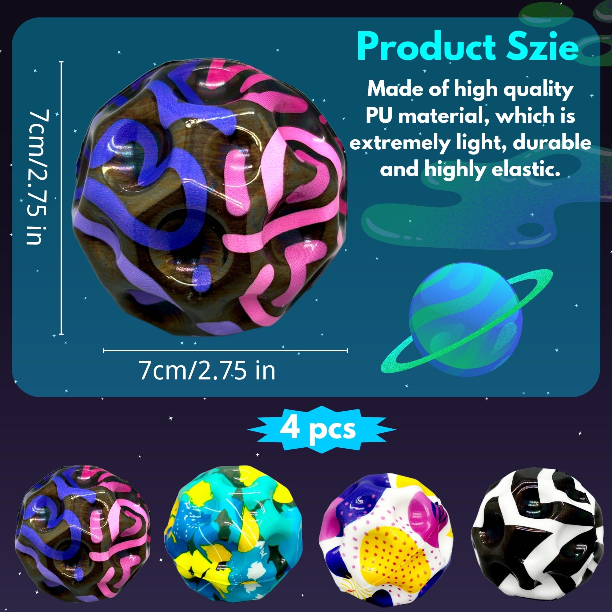 Lubibi 4 Bolas De Rebote Galaxy – Pelotas Saltarinas De PU Con Sonido Popping, 7 Cm, Para Niños Y Adultos, Regalo De Fiesta Y Entrenamiento De Coordinación