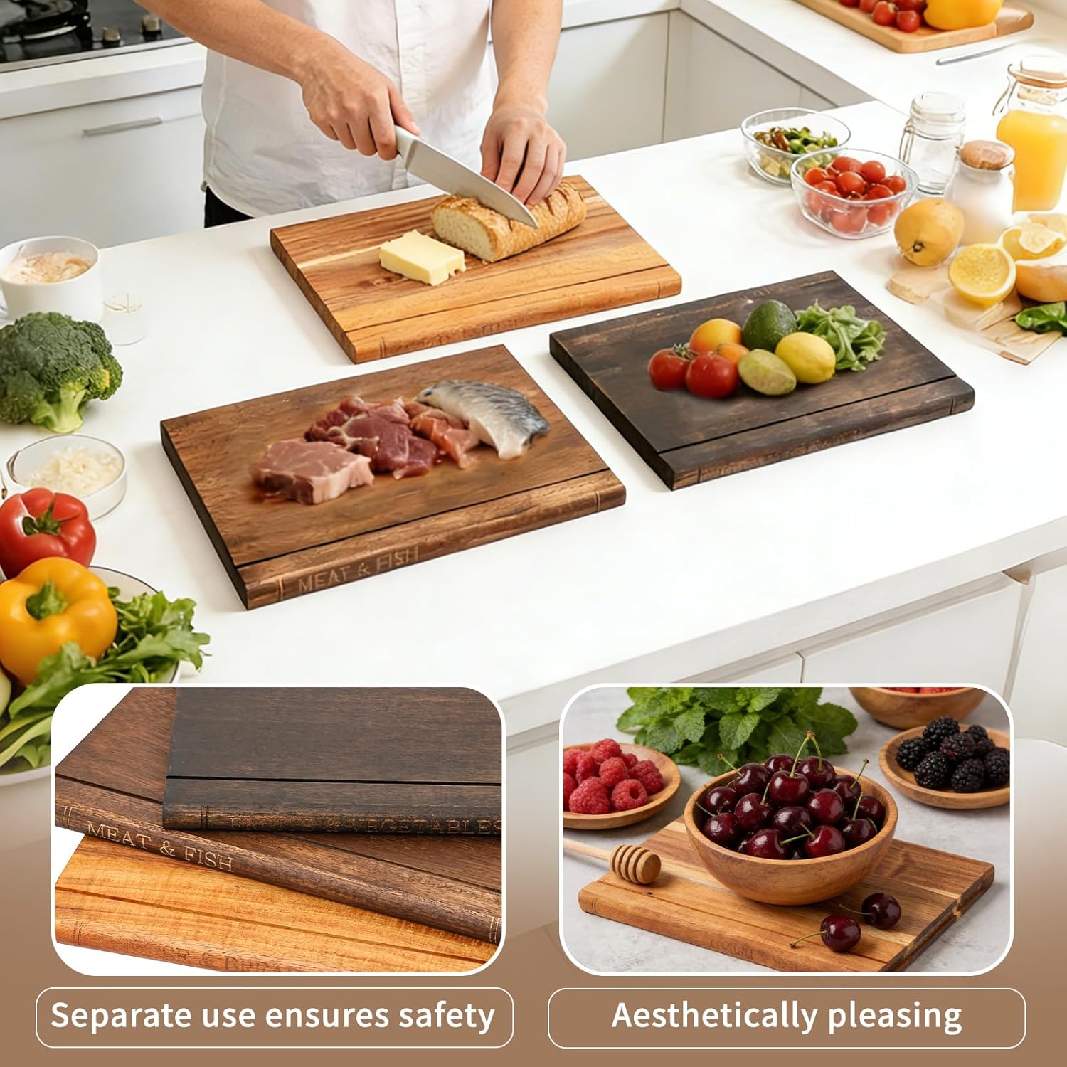 wood cutting board, 3-Piece Book Shaped Cutting Boards with Stand, Solid Walnut & Acacia Wood, Labeled Cheese & Fruit Boards, Kitchen Gift Idea