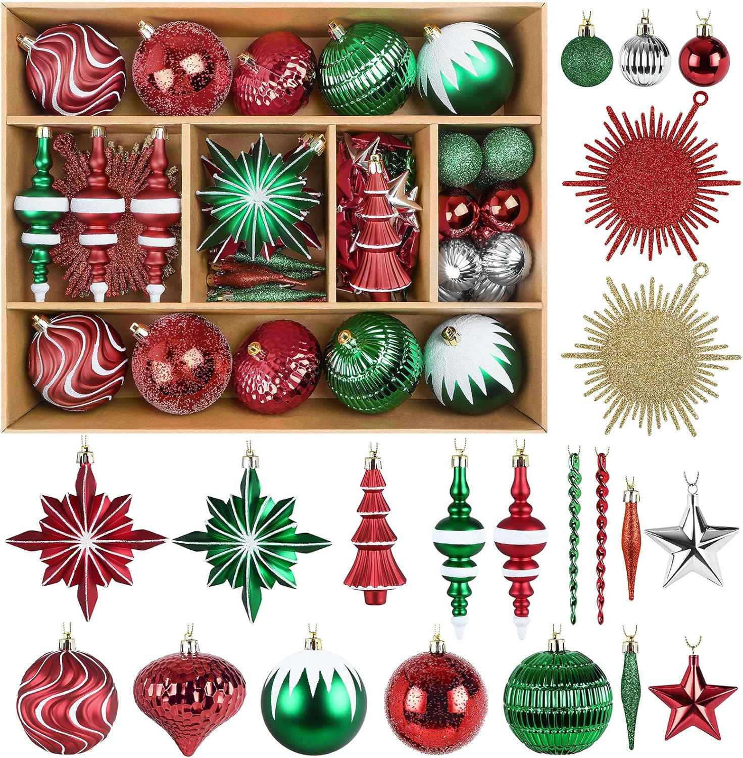 shareconn 80pcs christmas balls ornaments set, contemporary luxury gift set, shatterproof plastic decor for xmas tree holiday wedding party decorations with hanging strings,red green and white red green white