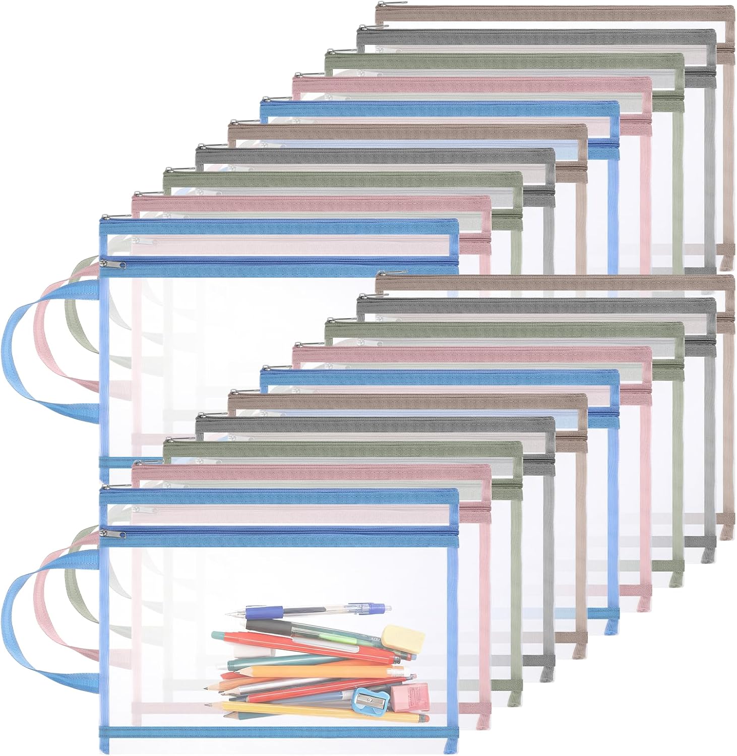 SHENLIU 20 Pack Mesh Zipper Pouches for Organizing, 5 Color Double Layers Nylon Toy Storage Organization with Handle, Multipurpose A4 Nylon Mesh Bag for Travel, School, Office, and Home Organize
