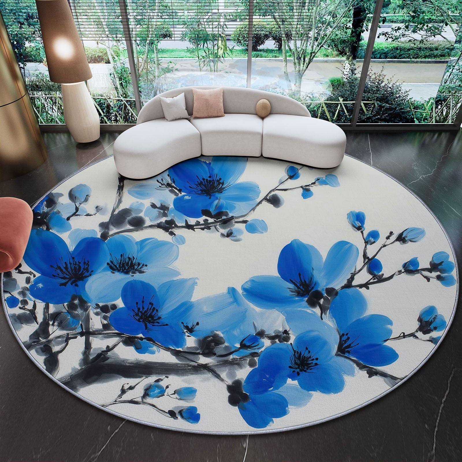Tapis rond bleu marine floral pour salon chaleureux et chambre cosy