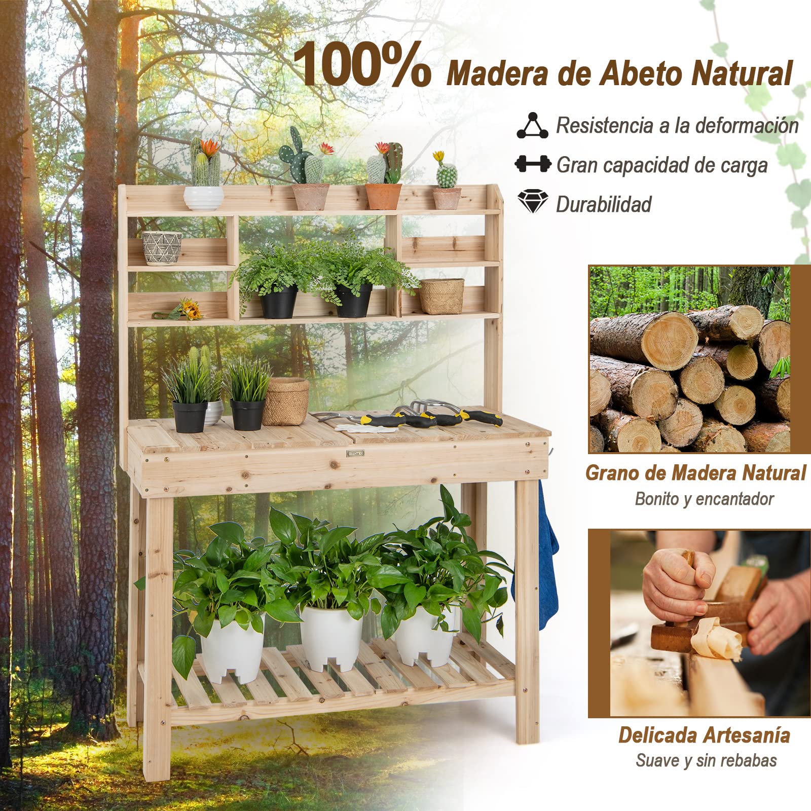 COSTWAY Mesa de Plantación de Madera para Macetas, Mesa de Jardín para Macetas con Estantes, Tablero Abrible, Ganchos, Mesa de Trabajo de Madera para Exteriores, Carga de 150 kg (110x50x153cm)
