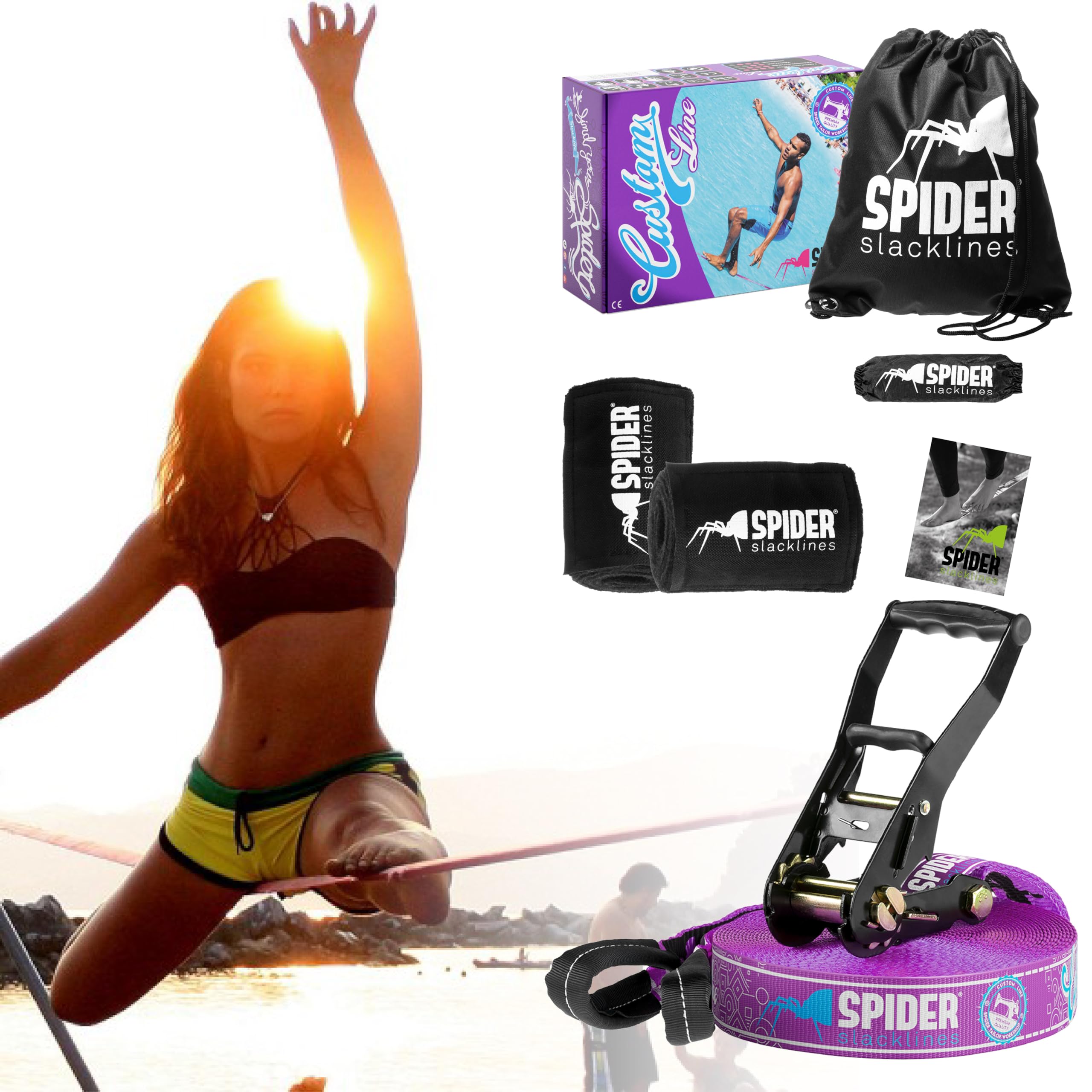 TKSA2 - Kit Slackline Custom - Matériel de Haute qualité pour slackliners avancés ou débutants - Set Complet de Sangle de 20 m de Longueur 1xCliquet