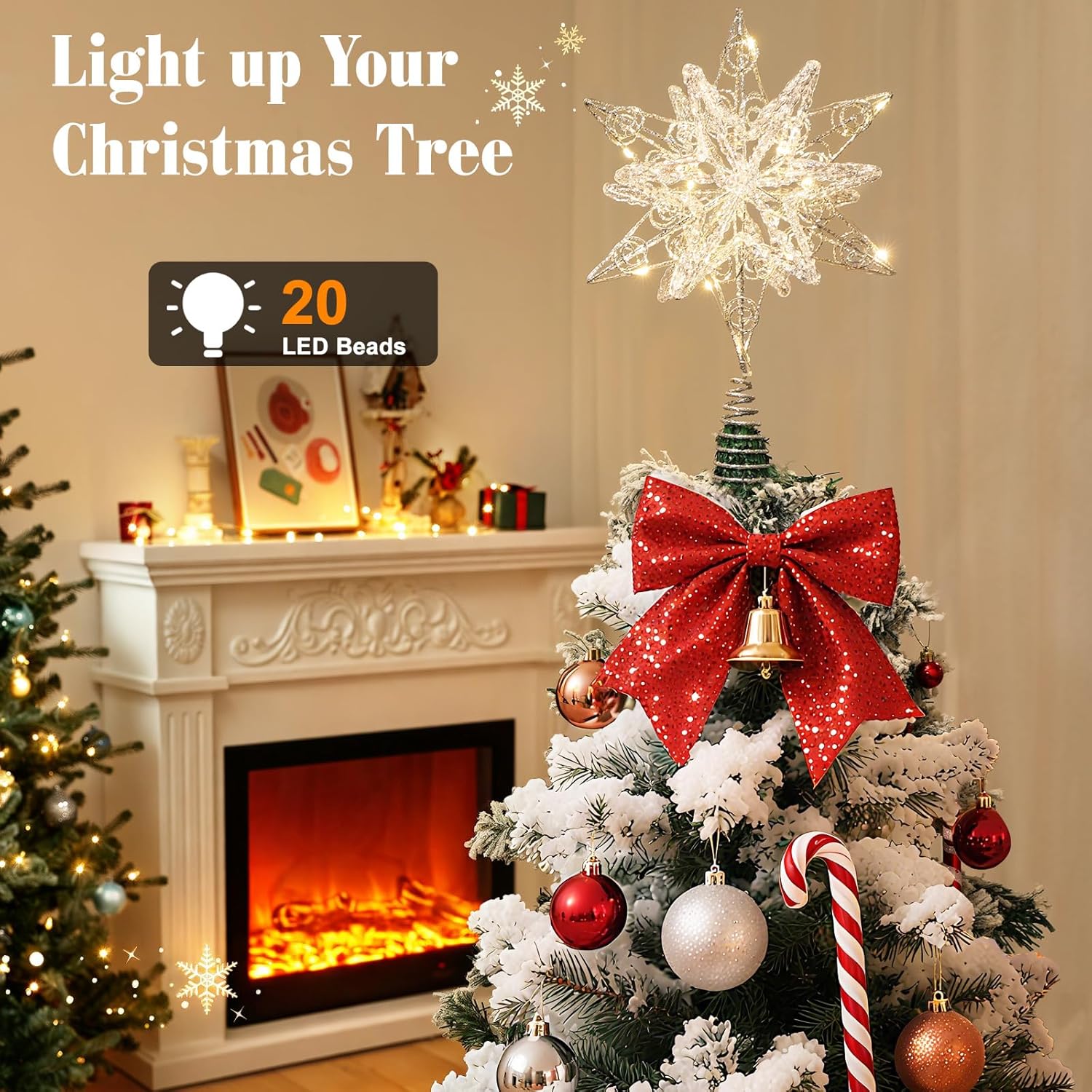 Lewondr Christmas Tree Topper Star, 14.57" Glittered Epoxy Xmas Tree Topper with 20 LED Bulbs, 6 Hrs Timer and 8 Light Modes USB Remote Control, Christmas Treetop Decor for Home Holiday, Silver