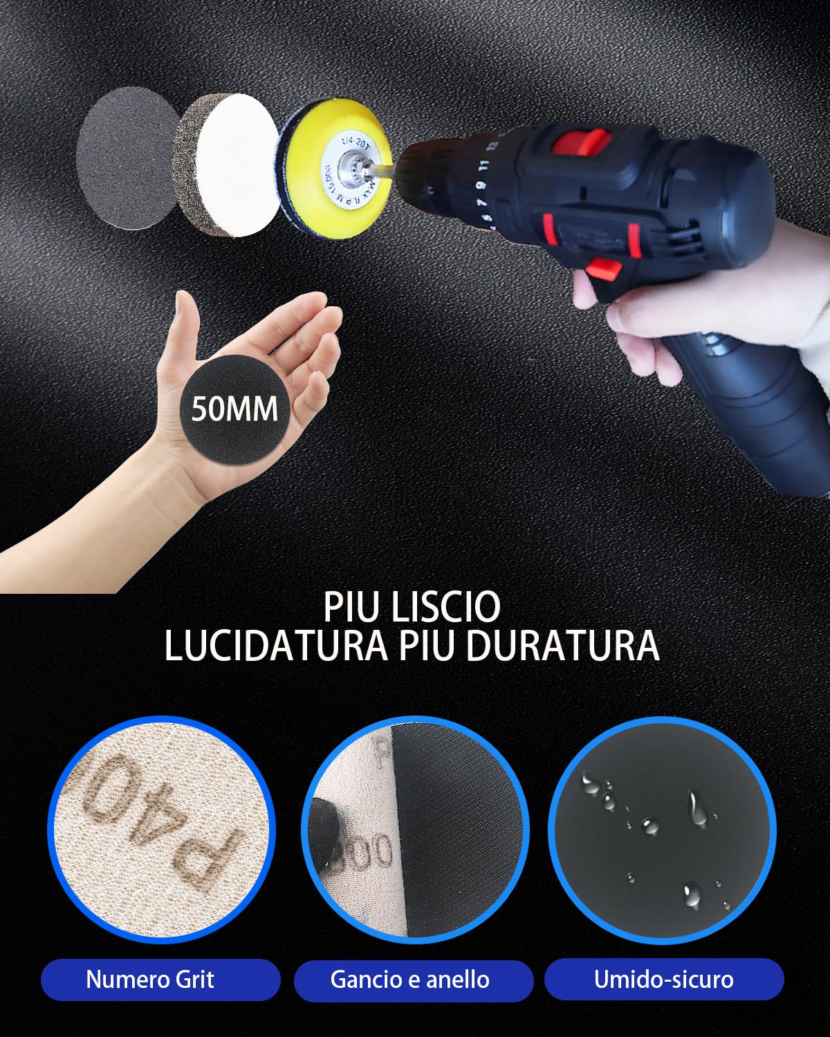Pomsare 194 Pezzi Dischi Abrasivi 50mm Kit Rinnova Fari Auto, Carta Abrasiva e Spugne per Lucidatura Grana 60-10000, Accessori dremel per Carrozzeria, Legno e Verniciatura di Mobili