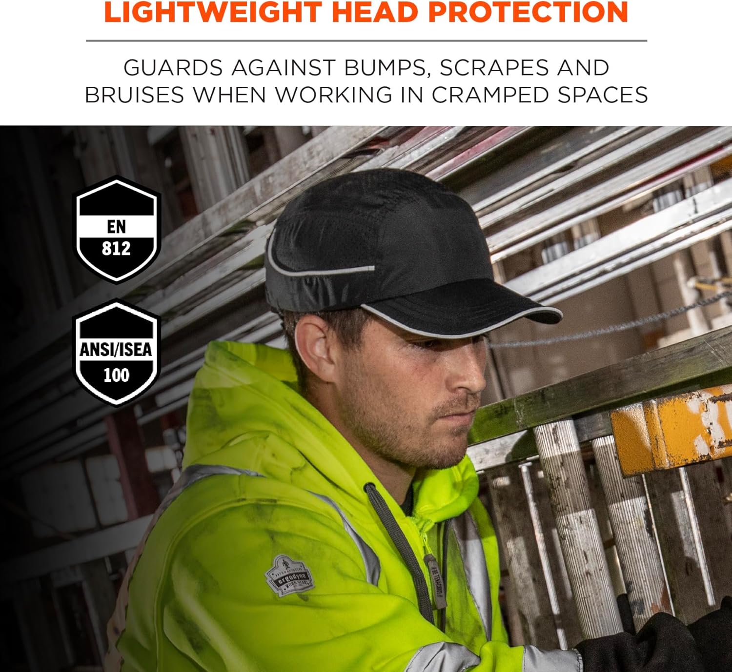 Lightweight Bump Cap with LED Brim Lighting, Baseball Hat Style, Ergodyne Skullerz 8965, Black