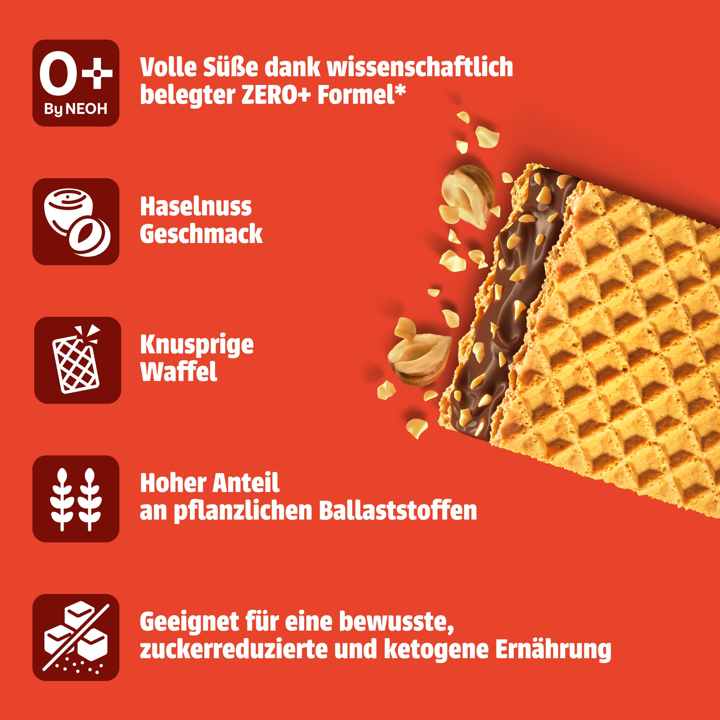 NEOH Low Carb Waffeln Haselnuss Schokolade - Ohne Zuckerzusatz - Keto-freundlich, Low-Carb, ballaststoffreich - Hazelnut Crunch Minis | 80x11g Packung
