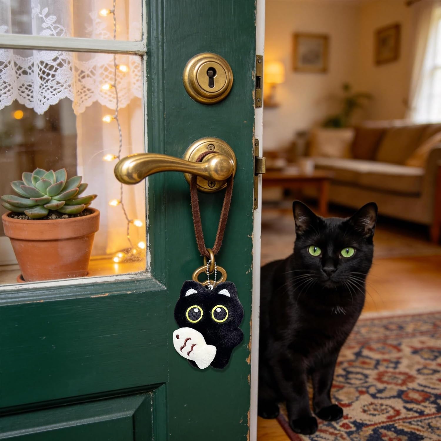Black Cat Plush Keychain, Cute Kitty Bag Key Chain Charm Accessories, Present for Pet Lovers Women Purse Car Keys Backpack Tote Handbags Bag Decor with Bell Fish Scarves
