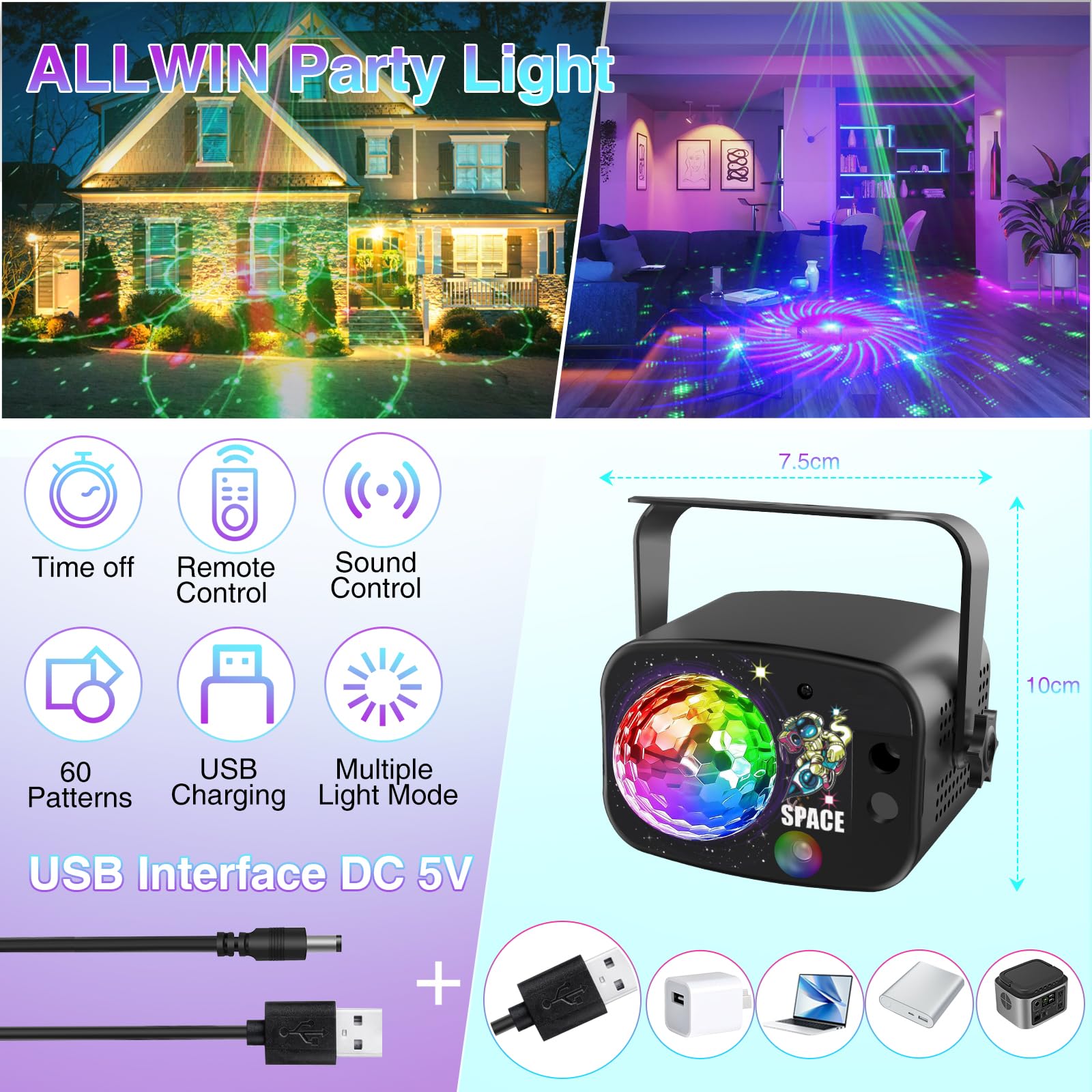 Disco Party Lights, Strobe Light for Parties, RGB 3 Lights Sound Activated DJ Stage Lights for Party Birthday Christmas Gift Wedding Karaoke KTV Bar Club Pub Home Room Halloween Decorations