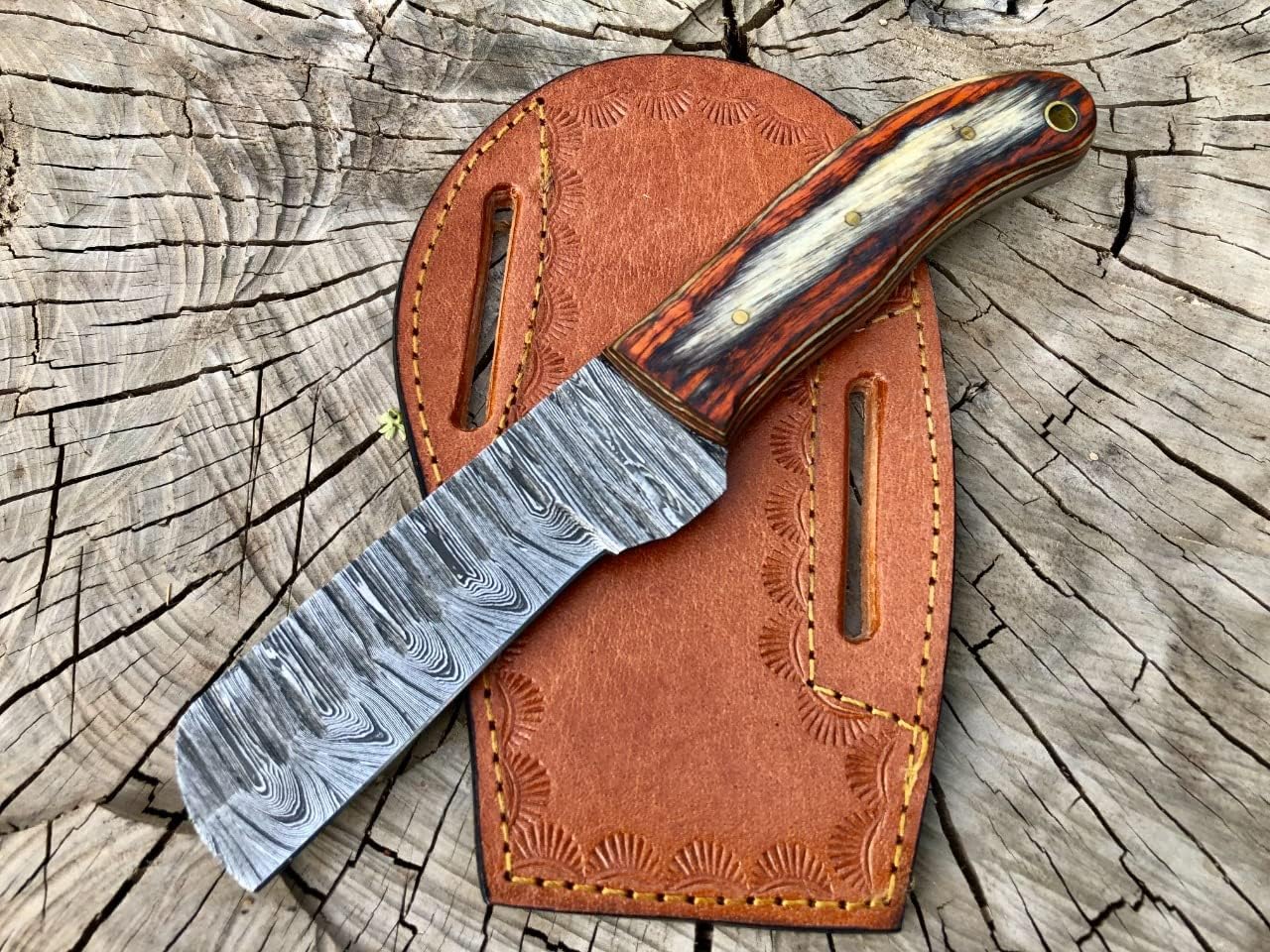 Wanowa Cow Boy Bull Cutter Knife Hand Forged Damascus Steel EDC Knife With Leather Sheath