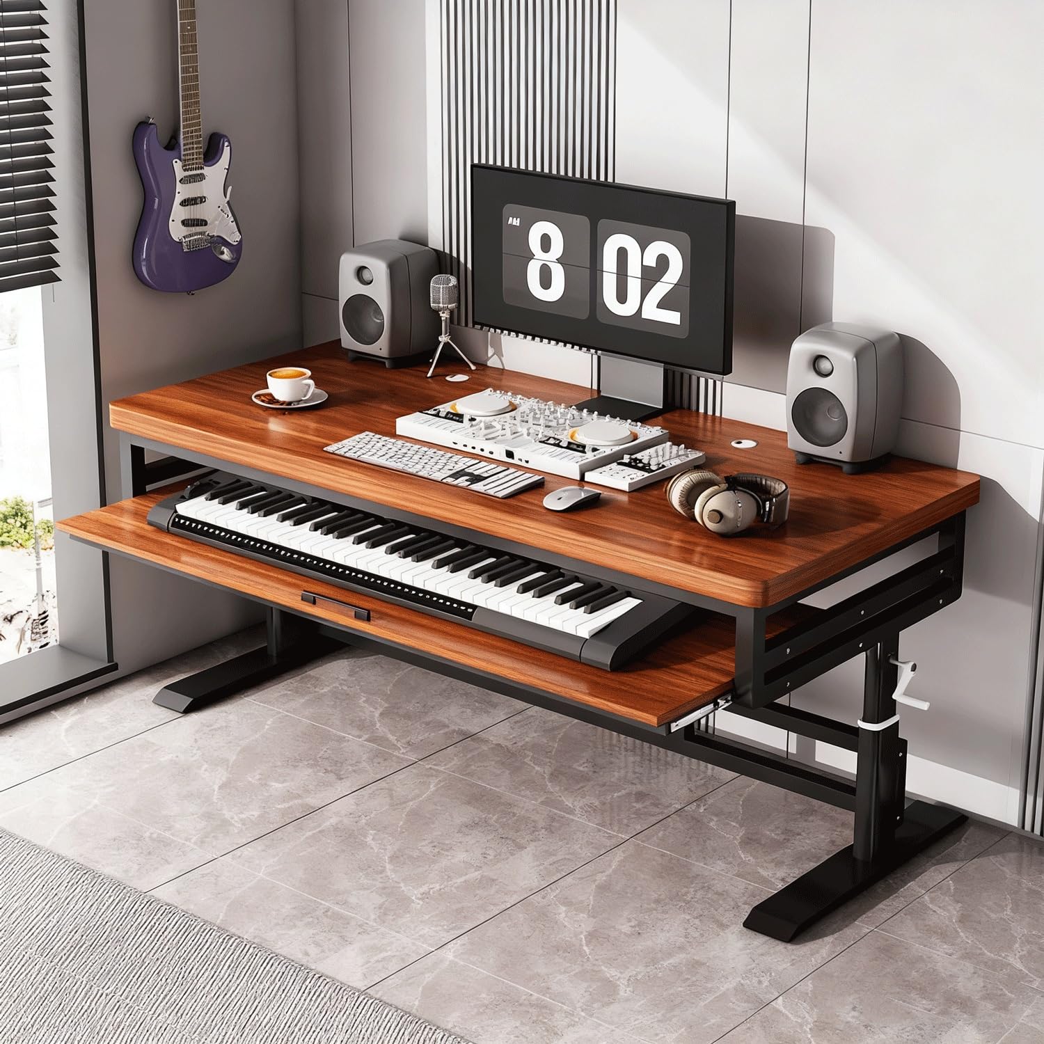 Music Studio Desk Workstation with Keyboard Tray, Office Computer Table with Organized Wiring/Keyboard Shelf Workbench Electronic Piano Midi Production Recording Studio